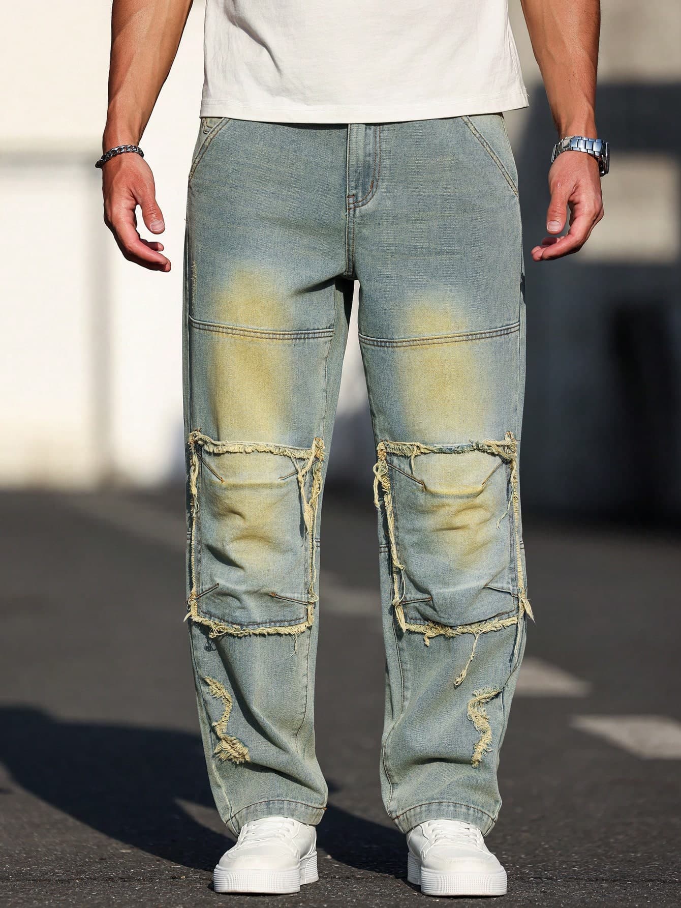 Manfinity Homme Men's Straight Leg Casual Jeans With Pocket And Raw Hem Detail, Versatile