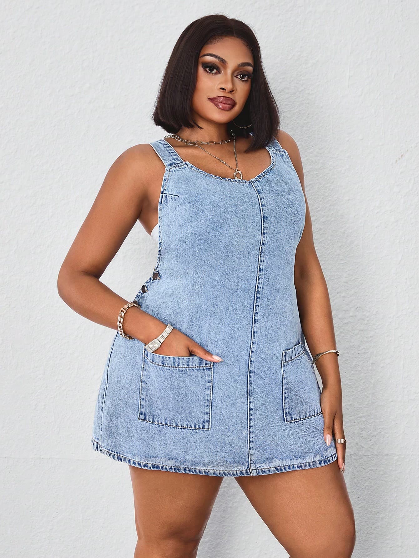 Slaydiva Women Plus Size Washed Light Blue Short Denim Dress Autumn Outfits For Women Festival Outfits  Women Short Dresses Autumn Graduation Dress