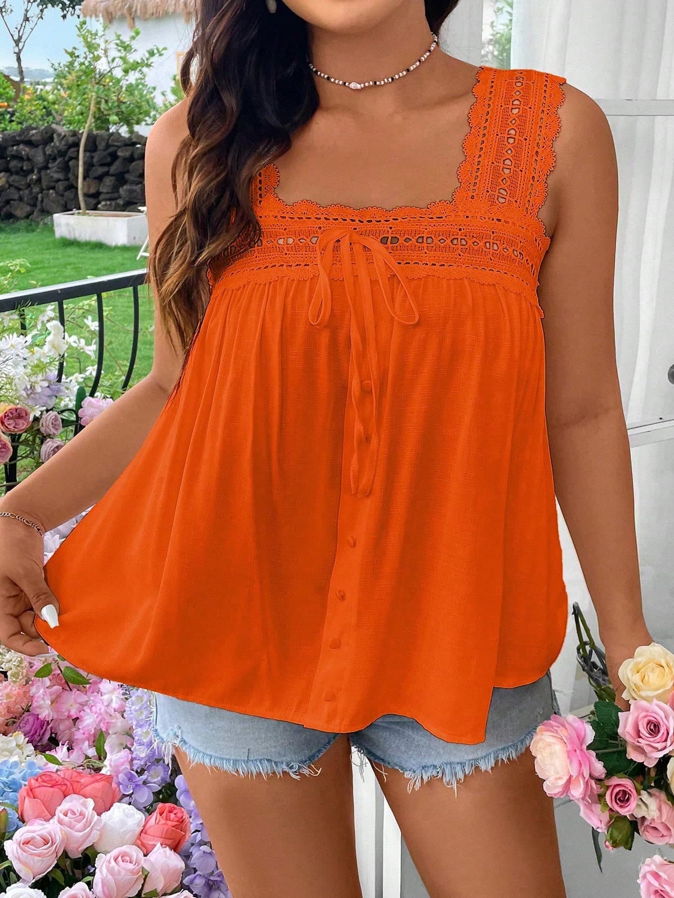 Flirla Plus Size Women's Solid Color Front Tie Orange Camisole Top With Lace Trim