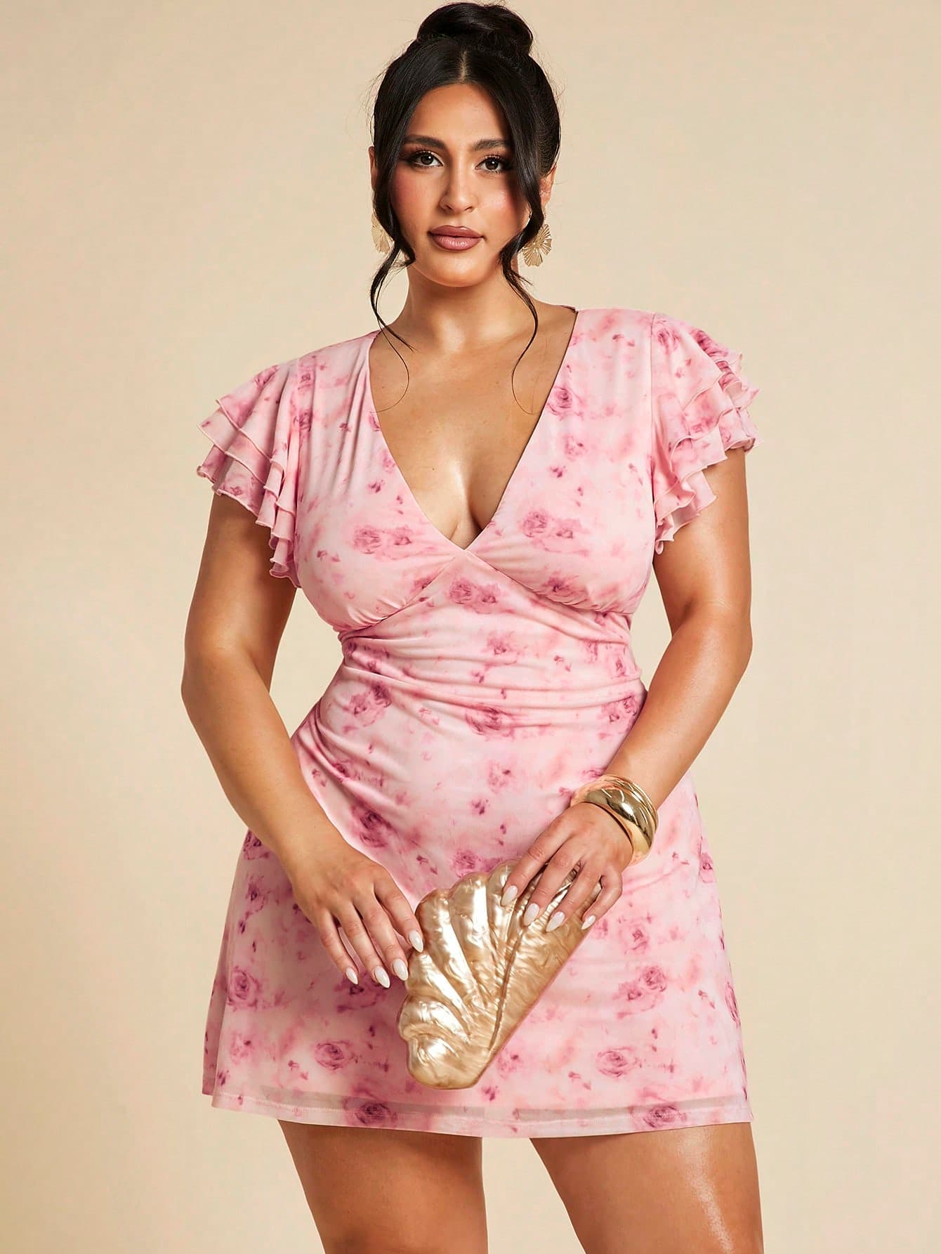 SHEIN BAE Plus Size Women Elegant Pink Floral Mesh Deep V-Neck Dress,Wedding Ninang Summer Arm Flattering Beach Vacation Birthday Wedding Guest Dress