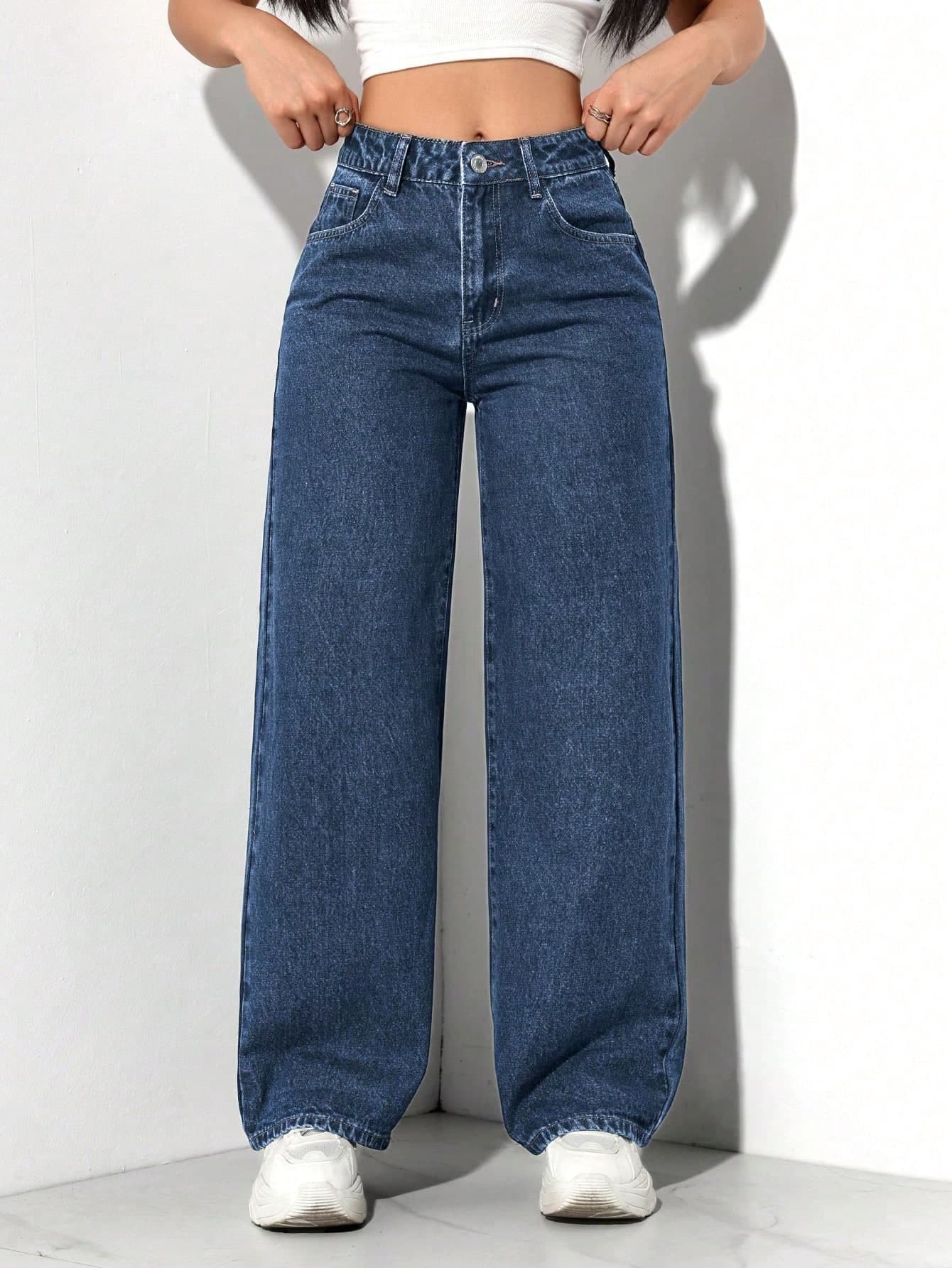 SHEIN PETITE Women's Casual Loose Pocketed Wide-Leg Denim Jeans ,Petite Women