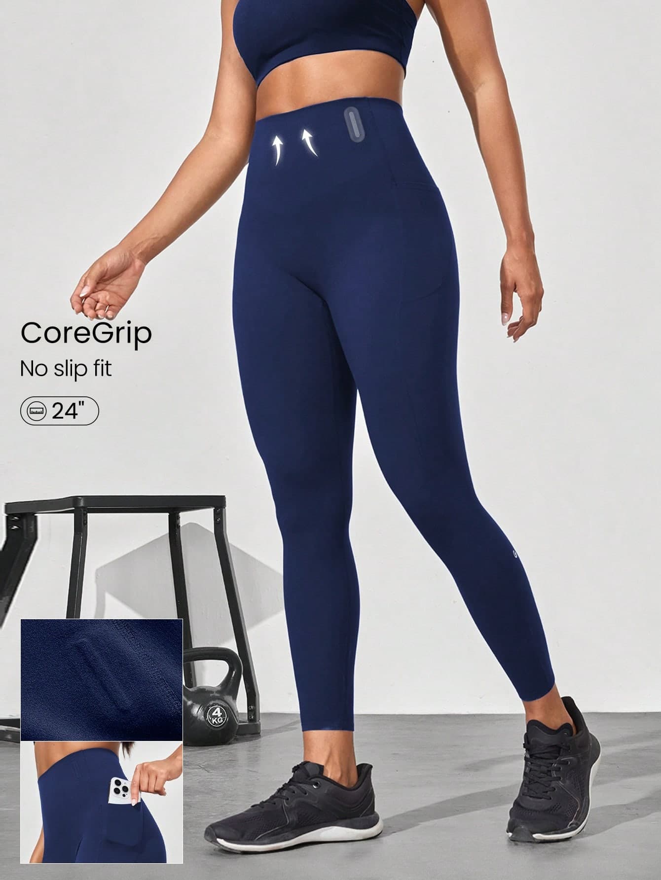 GLOWMODE 24'' CoreHold FeatherFit™-Sculpt No Slip Fit Boning Tummy Control No Front Seam Leggings With Side Pockets Workout Gym Spring