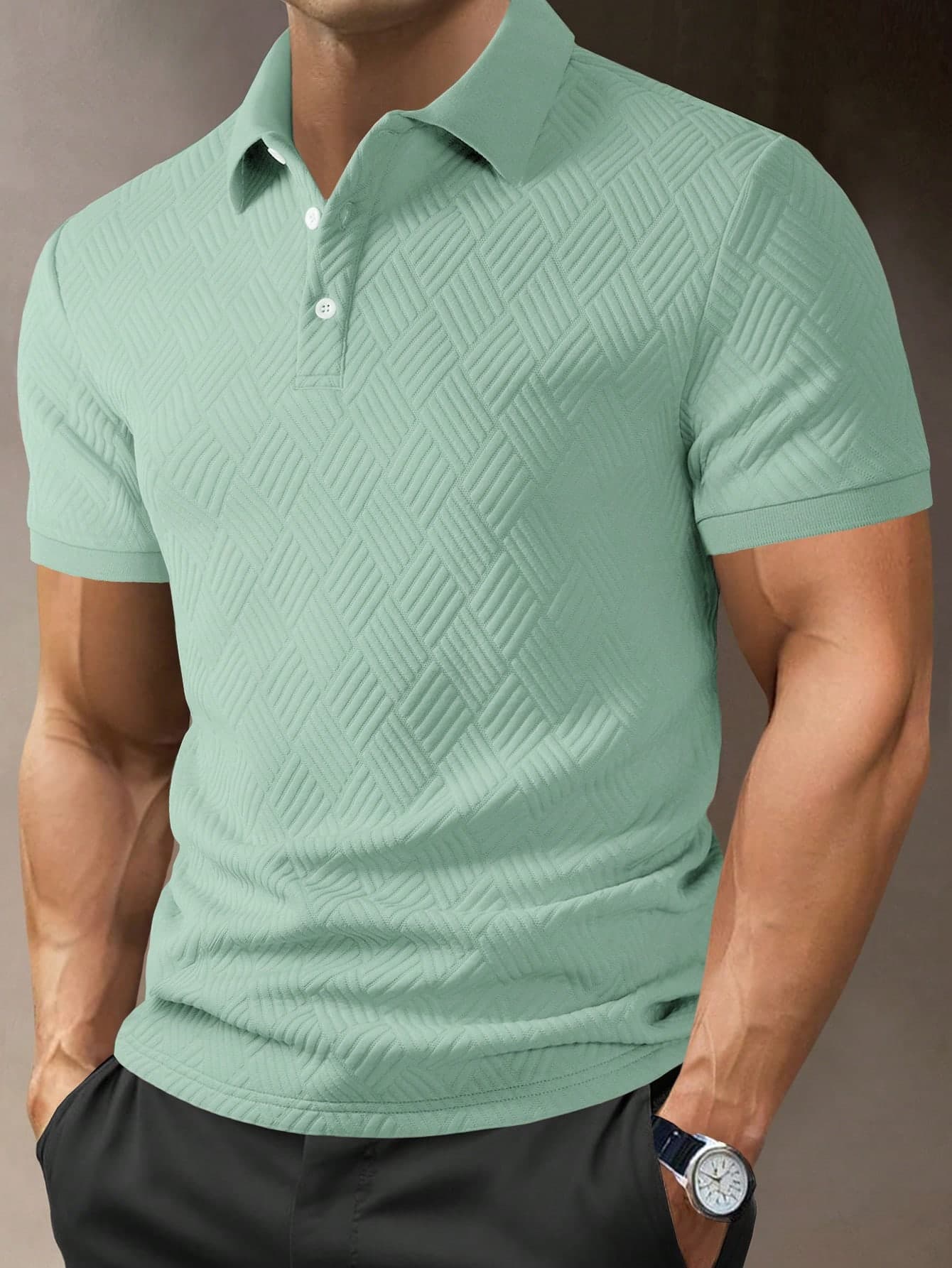 Manfinity Homme Men's Short Sleeve Textured Solid Color Casual Versatile Polo Shirt, Summer Polo Shirt For Men, Formal