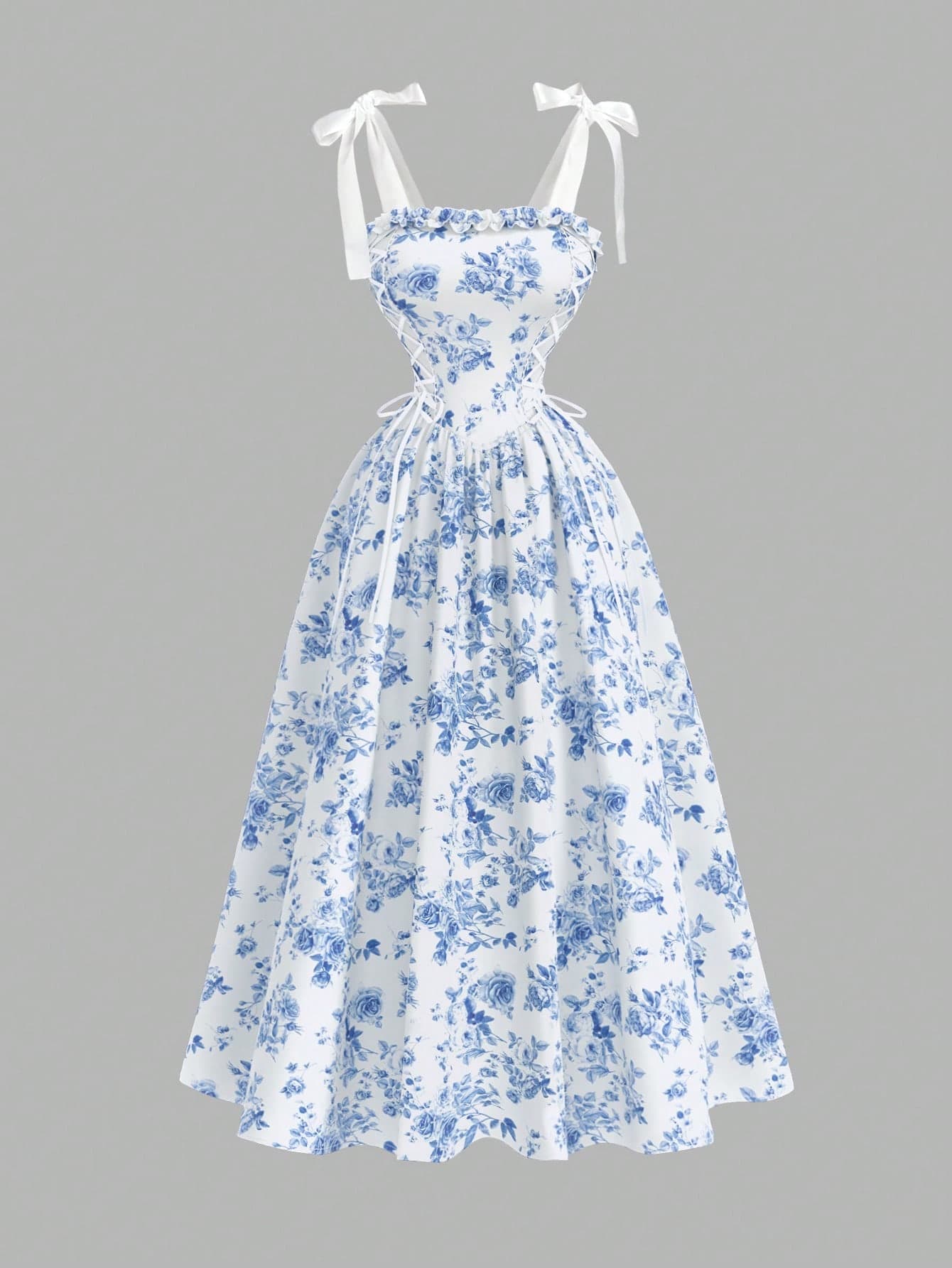 SHEIN MOD Women's White And Blue Floral Summer Dress,Tie-Shoulder Ruffled Collar Fairycore Elegant Wedding Guest Graduation Prom Formal Casual Holiday Party