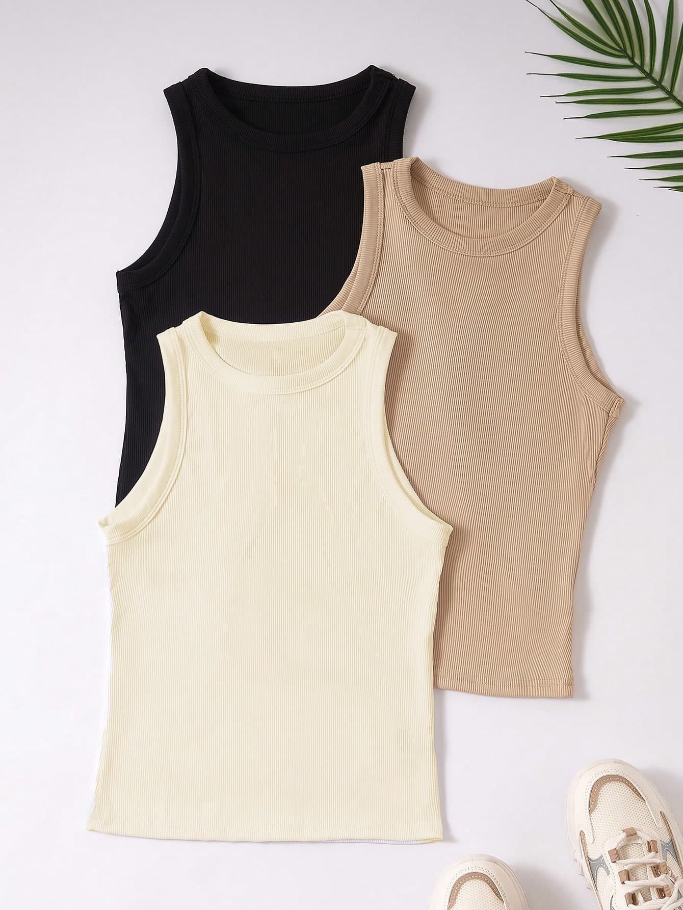 SHEIN Franclia Women's Solid Color Crew Neck Ribbed Casual Tank Top, Summer , Basic Tops
