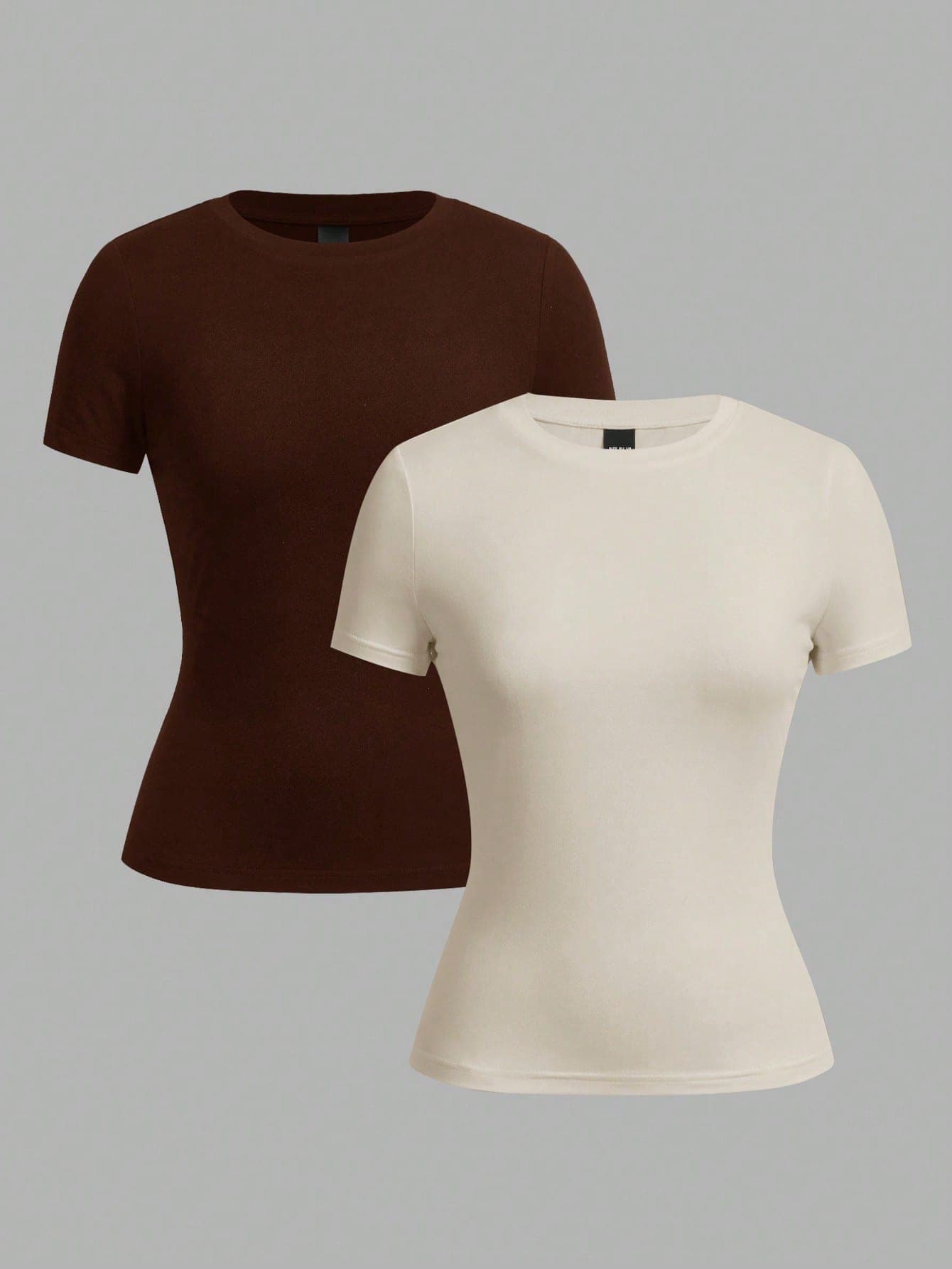 SHEIN EZwear 2pcs Sets Casual Basic Crew Neck Short Sleeve T-Shirts, Dark Brown & Light Beige, Spring/Summer Suitable For Going Out
