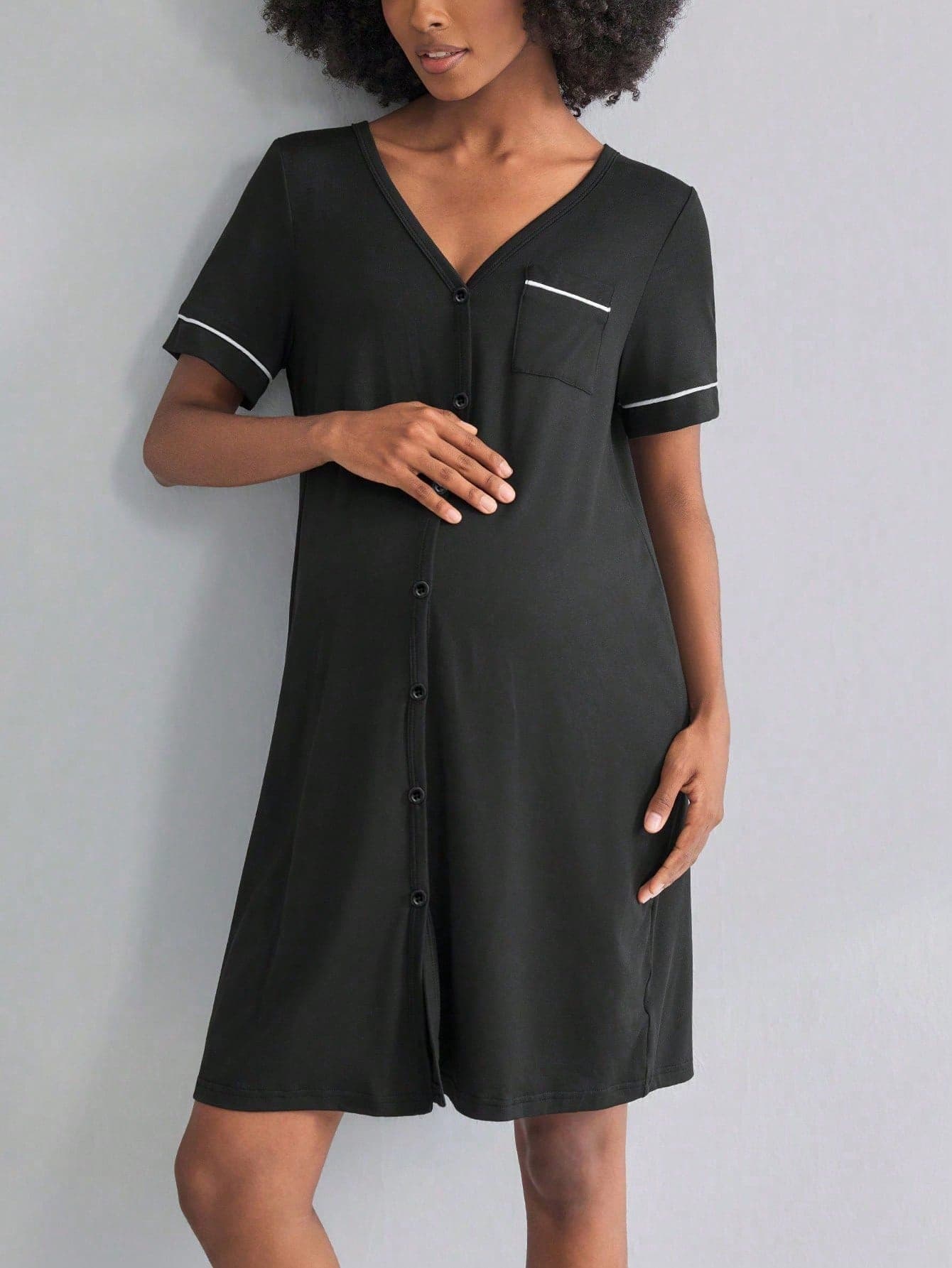 BloomMama Maternity Short Sleeve Nursing Nightgown With Button,Fashion Loungewear Sleepwear Pajama Dress Sleep Shirt