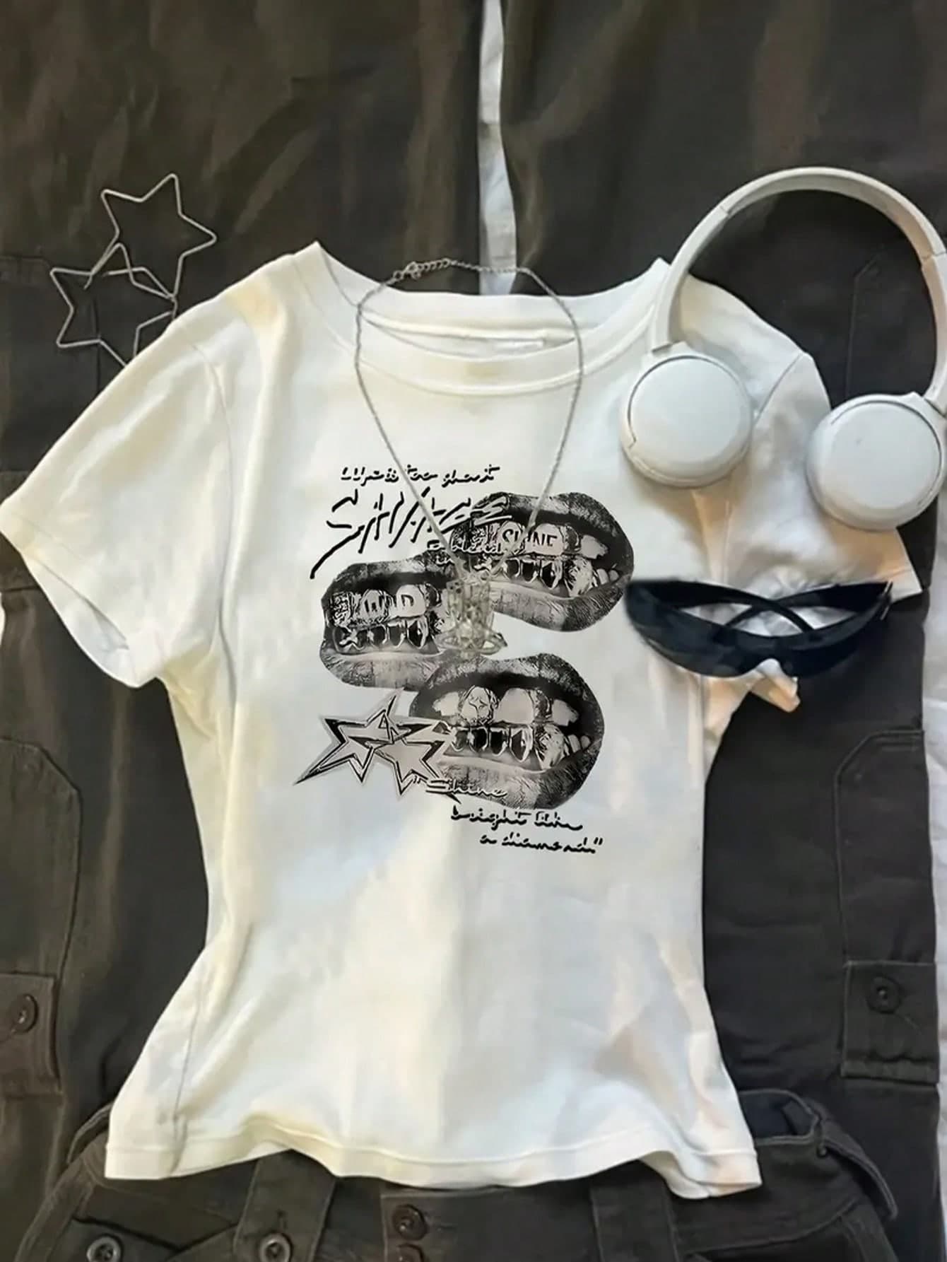 Teen Girl Graphic And Letter Print Round Neck Short Sleeve T-Shirt Girl Graphic Baby Tees