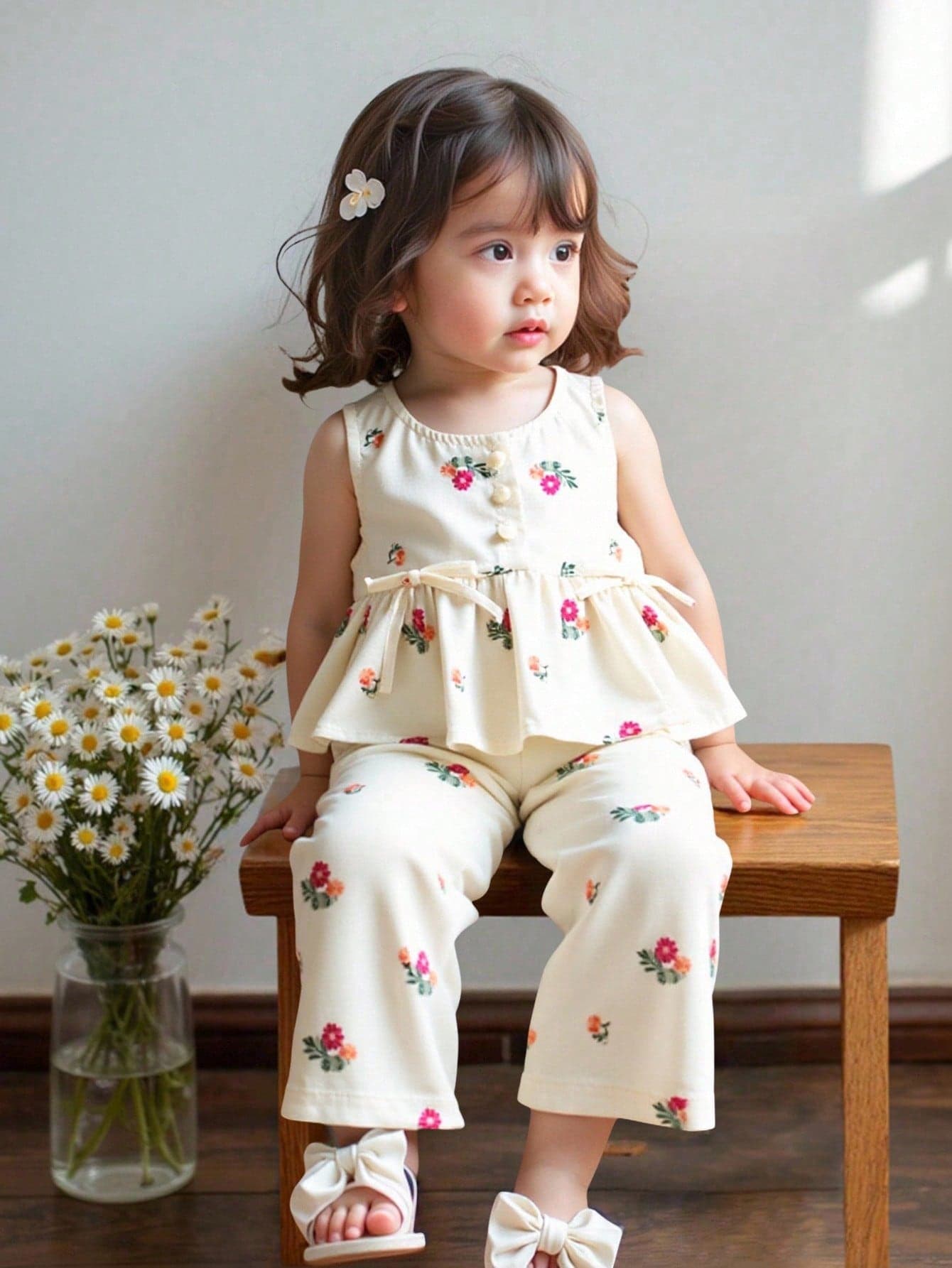 SHEIN LMoss Kids 2pcs/Set Baby Girl Summer Casual Cute Polka Dot Sleeveless Top And Elastic Waist Pants Outfit