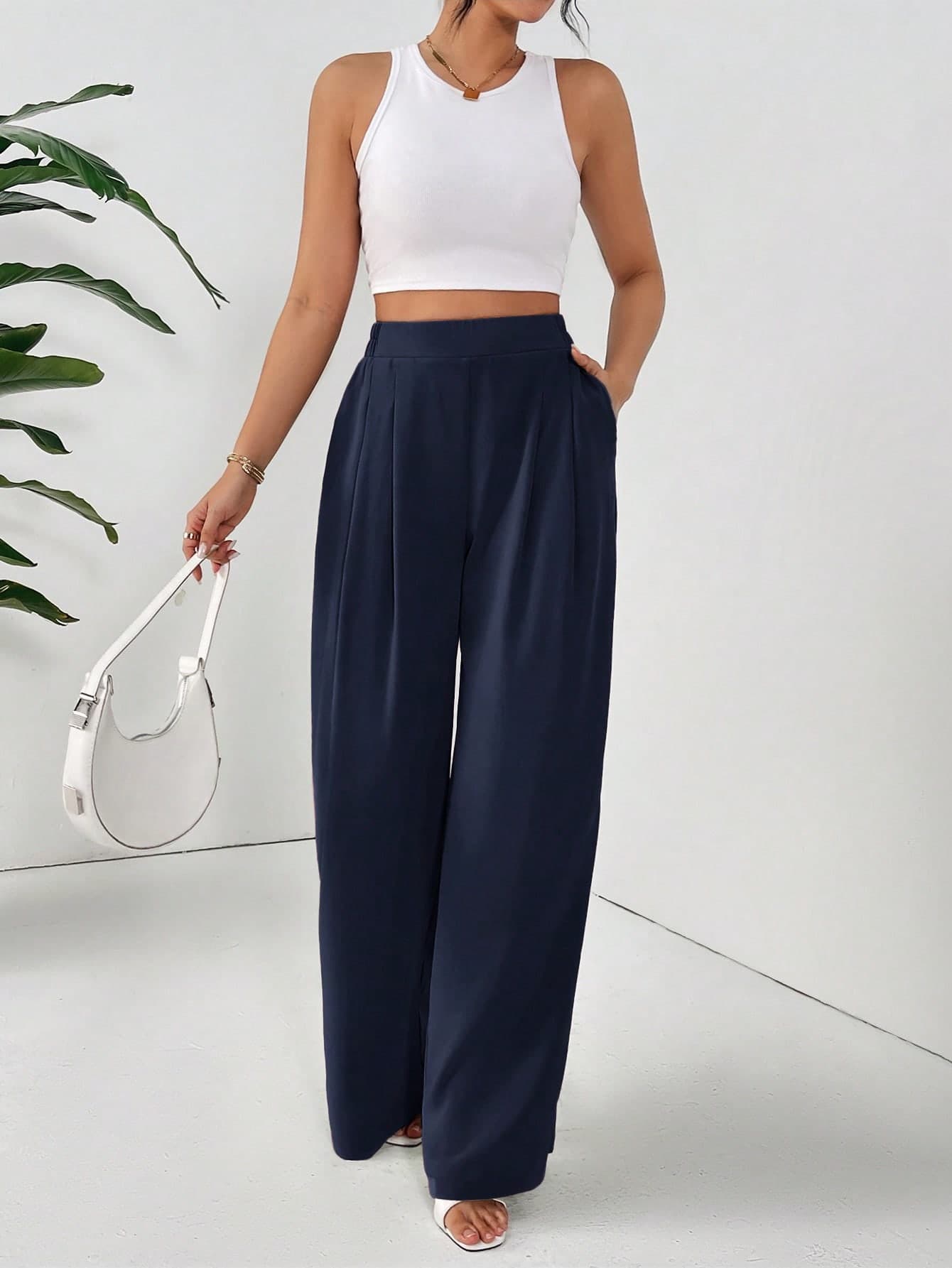 SHEIN Frenchy Women's Basic Solid Color Pleated Pocket Casual Loose Pants,Cargo Pants Winter Blue Spring