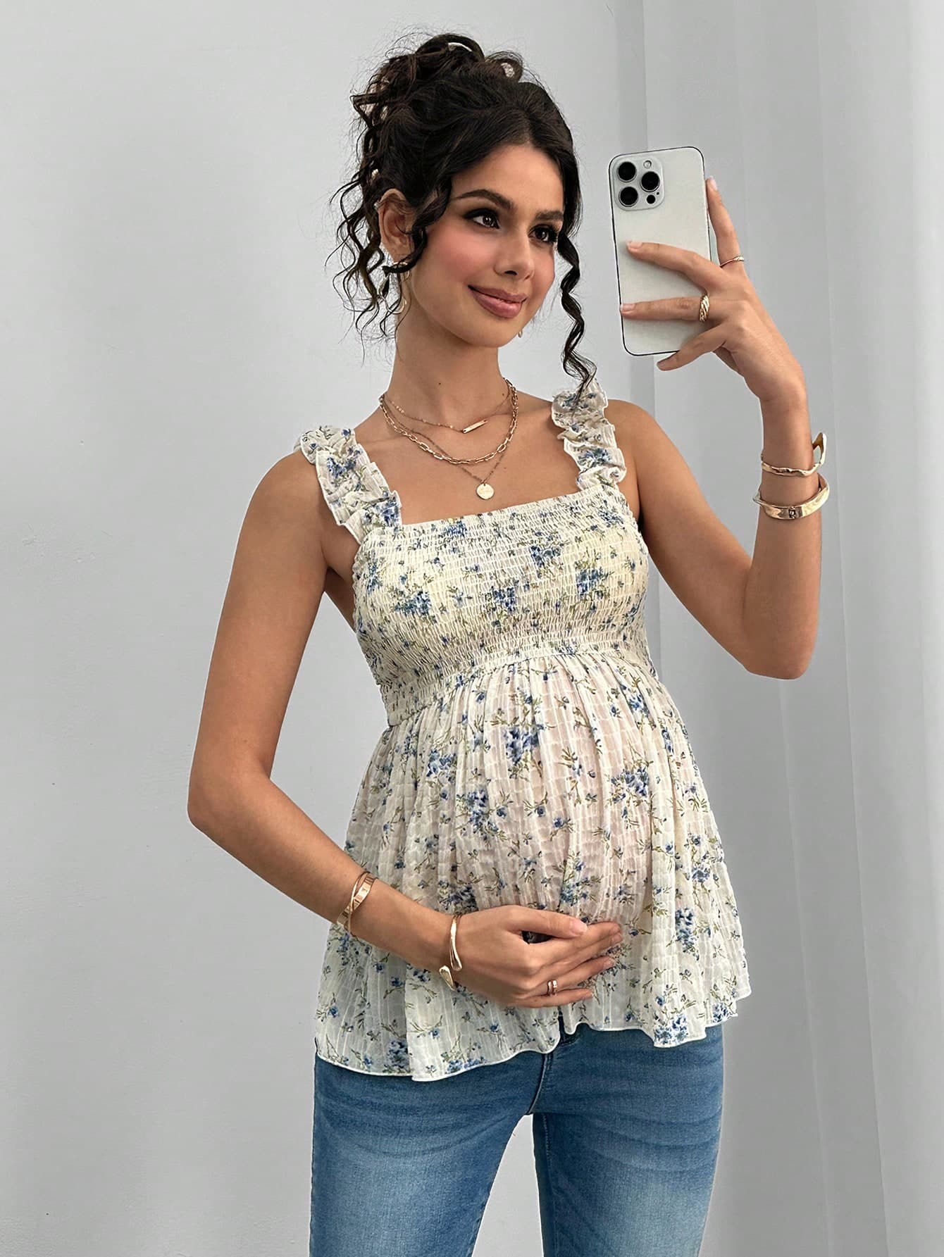 Momance Maternity Frill Trim Wide Strap Front & Back Gathered A-Line Sleeveless Camisole
