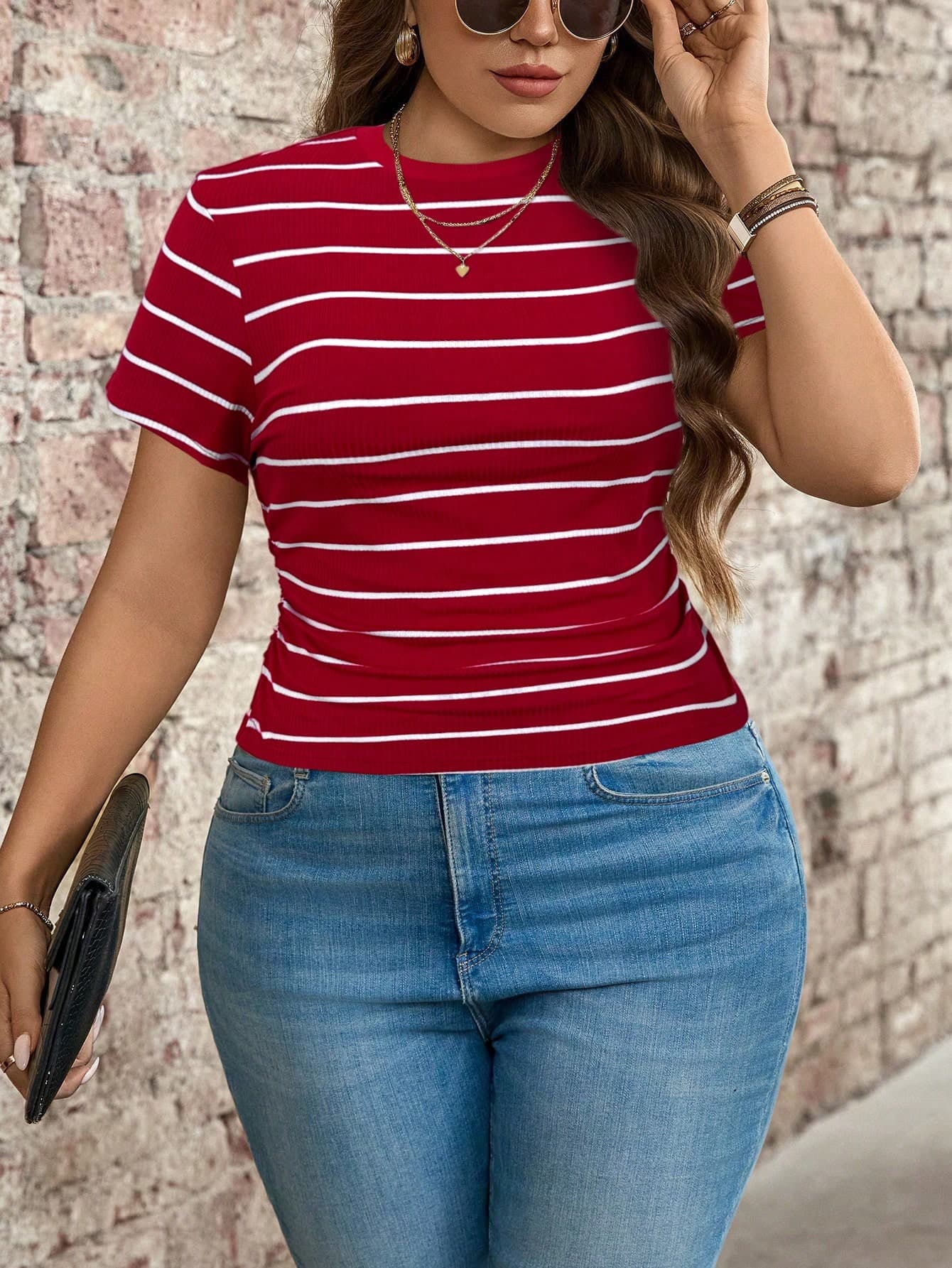 SHEIN LUNE Plus Size Colorblock Striped Round Neck Regular Shoulder Short Sleeve Casual T-Shirt, Summer,Business Casual Woman