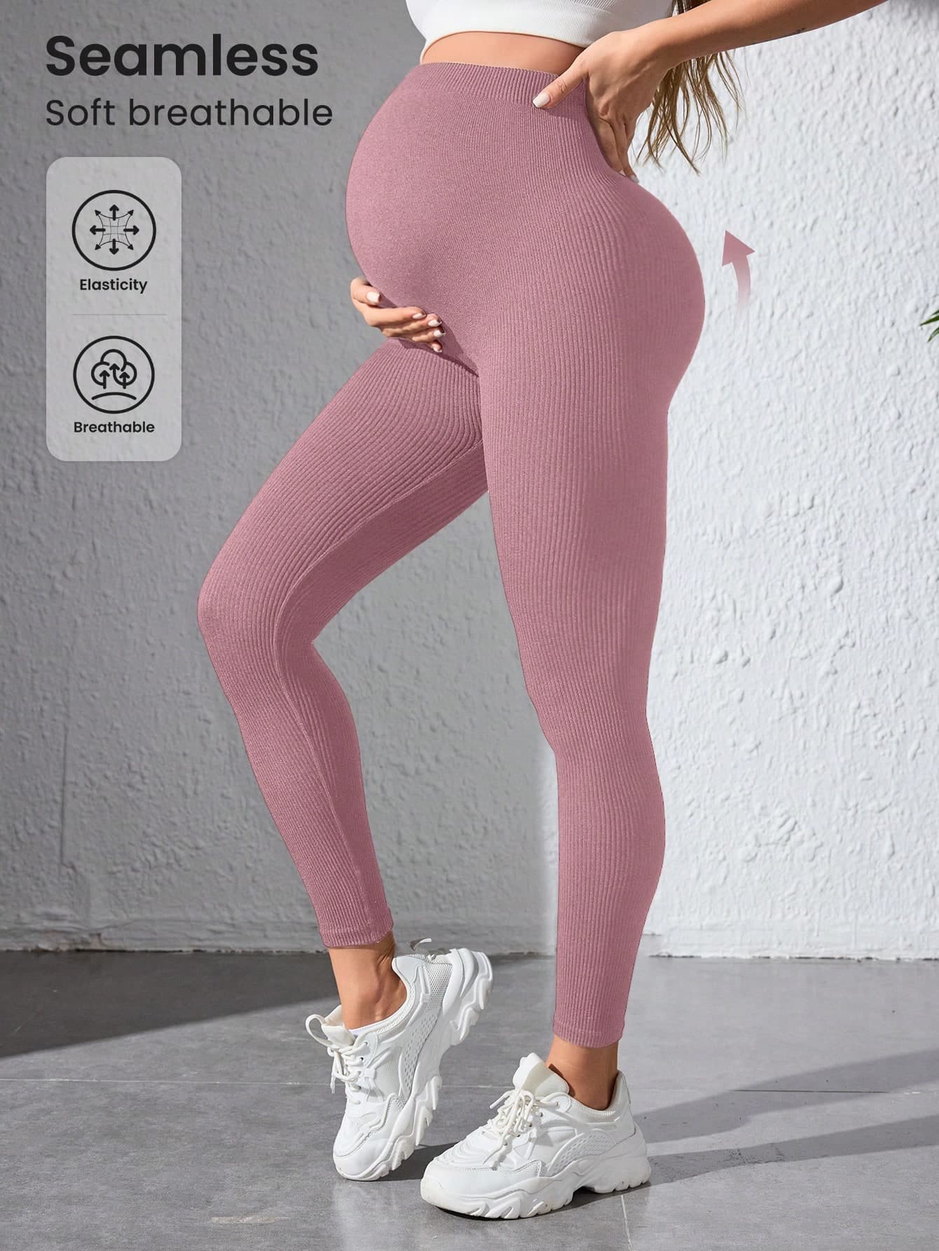 SHEIN Black Seamless Maternity Leggings, Fashionable For Summer