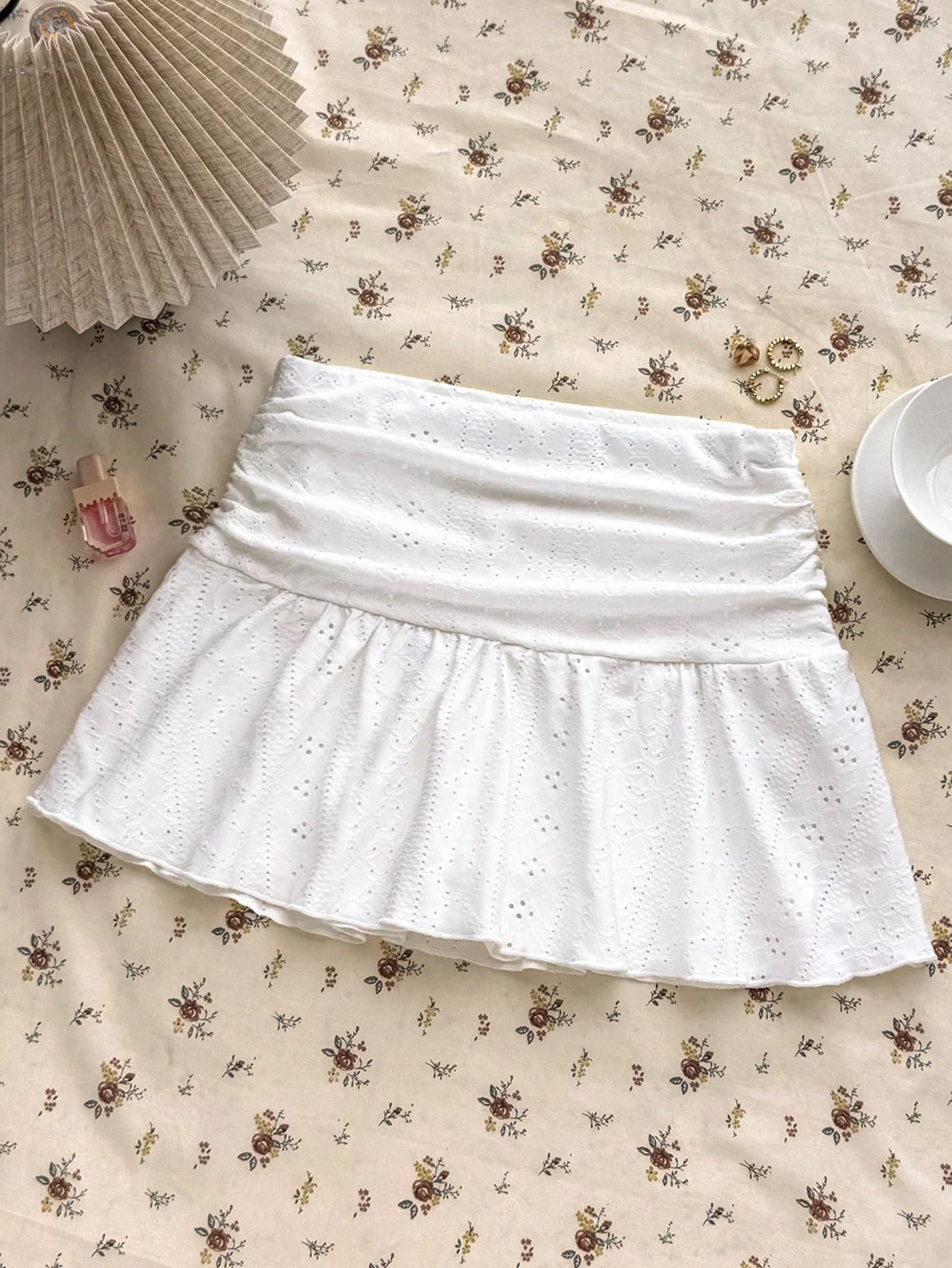 Teen Girl Teen Girls Summer White Knitted Hollow Texture Pleated A-Line Low Waist Mini Skirt