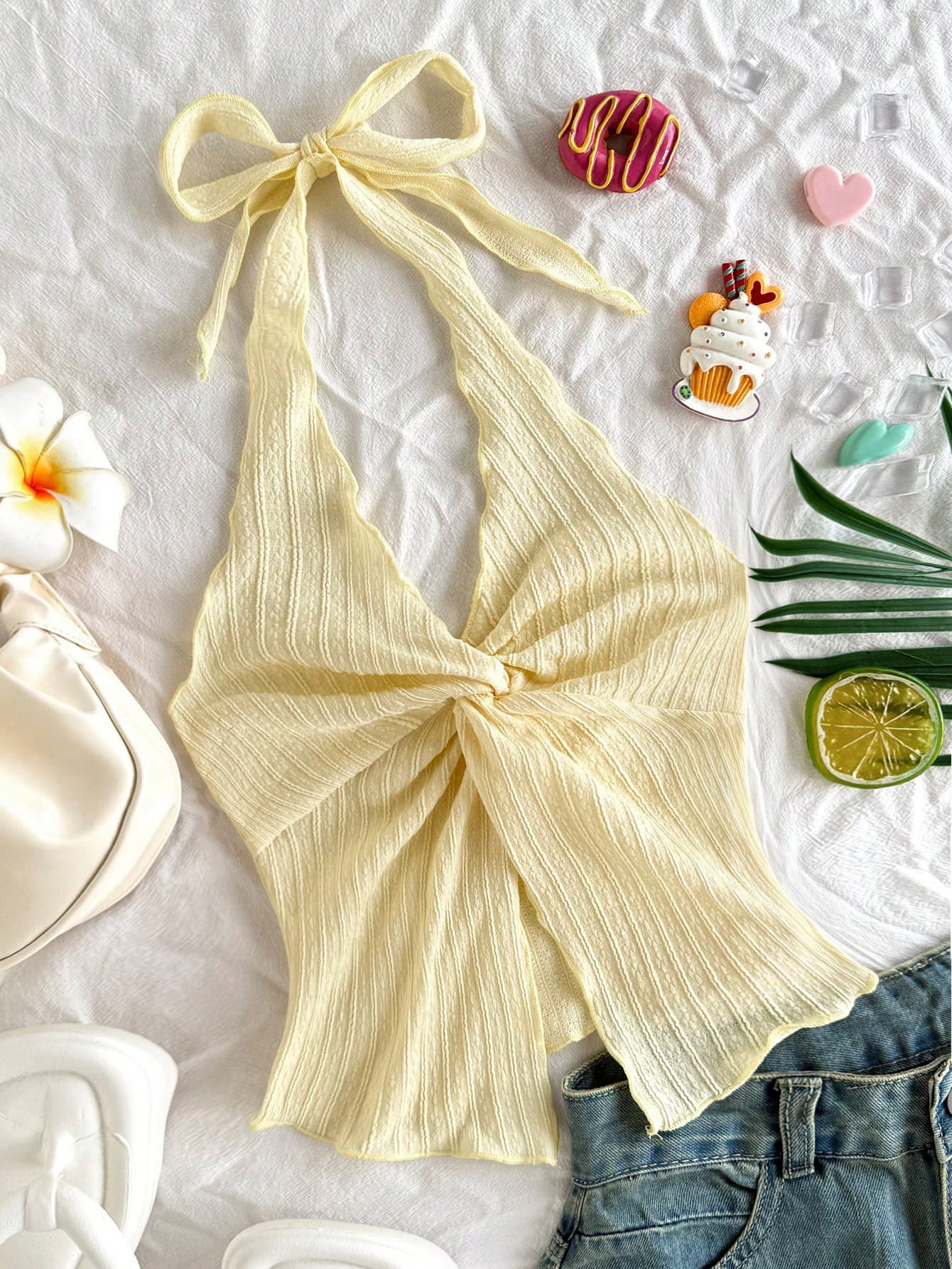 SHEIN Teen Girls Yellow Summer Elegant Beach Holiday,Halter Tie Knot Hem Slit Open Back Camisole Tank Top,Resort Style Mustard Textured Front Twist Blouse