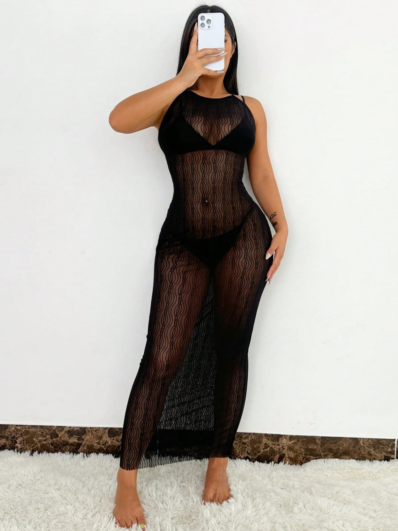 Swim SXY Women Elegant Sexy Vintage Black Beach Cover-Up Swimwear Dress For Beach, Vacation, Pool For Summer