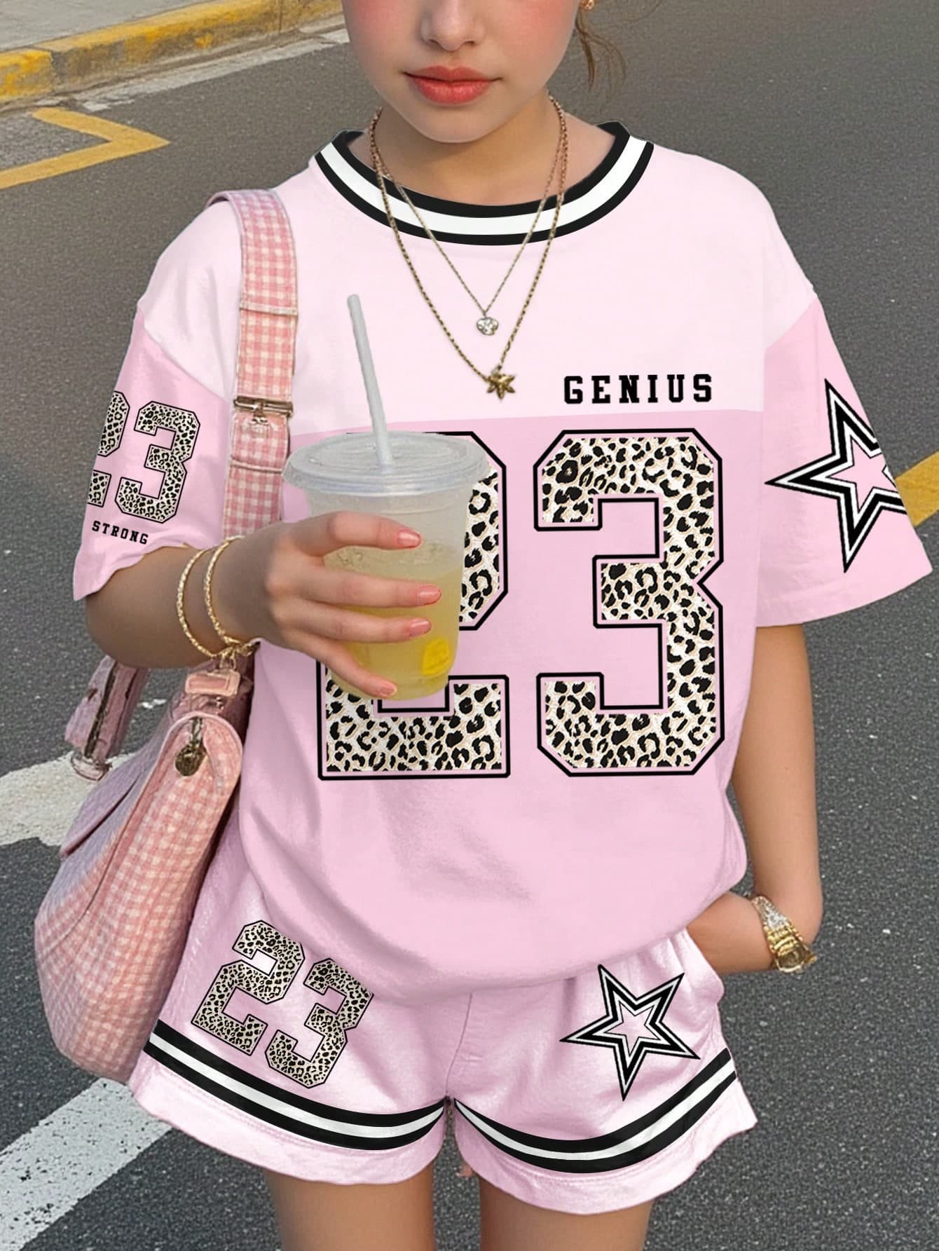 SHEIN Teen Girl Light Pink Summer Streetwear Holiday 2-Piece Set,Racer Jersey With Leopard Print,Number 23 & Star Pattern,Short Sleeve T-Shirt & Shorts Set