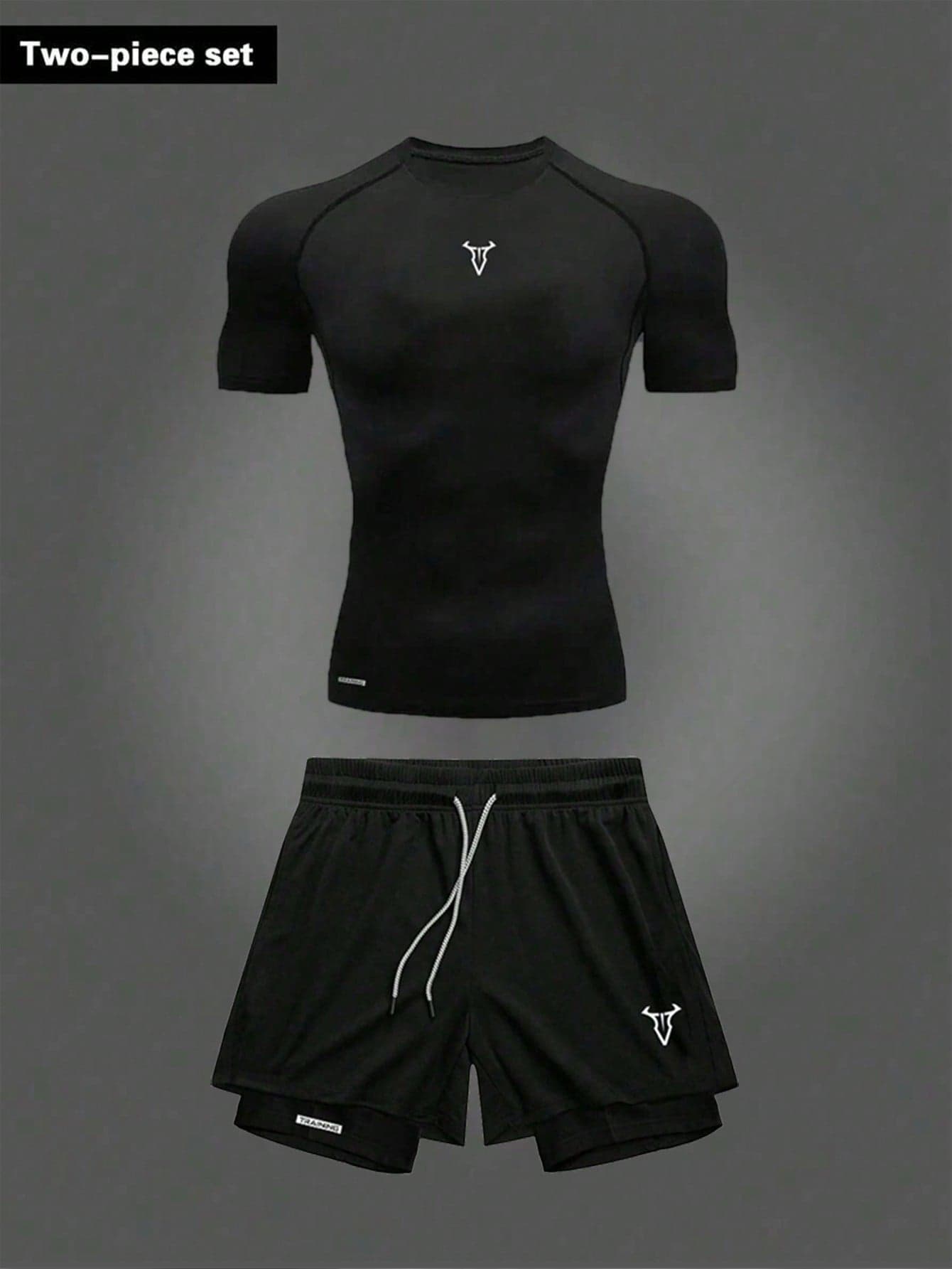 RISE LYT 2pcs Men's Short Sleeve Top And Drawstring Shorts Two Pieces Sport Suit, Fitness Outdoor Casual Workout Set Breathable Gym Compression Lightweight