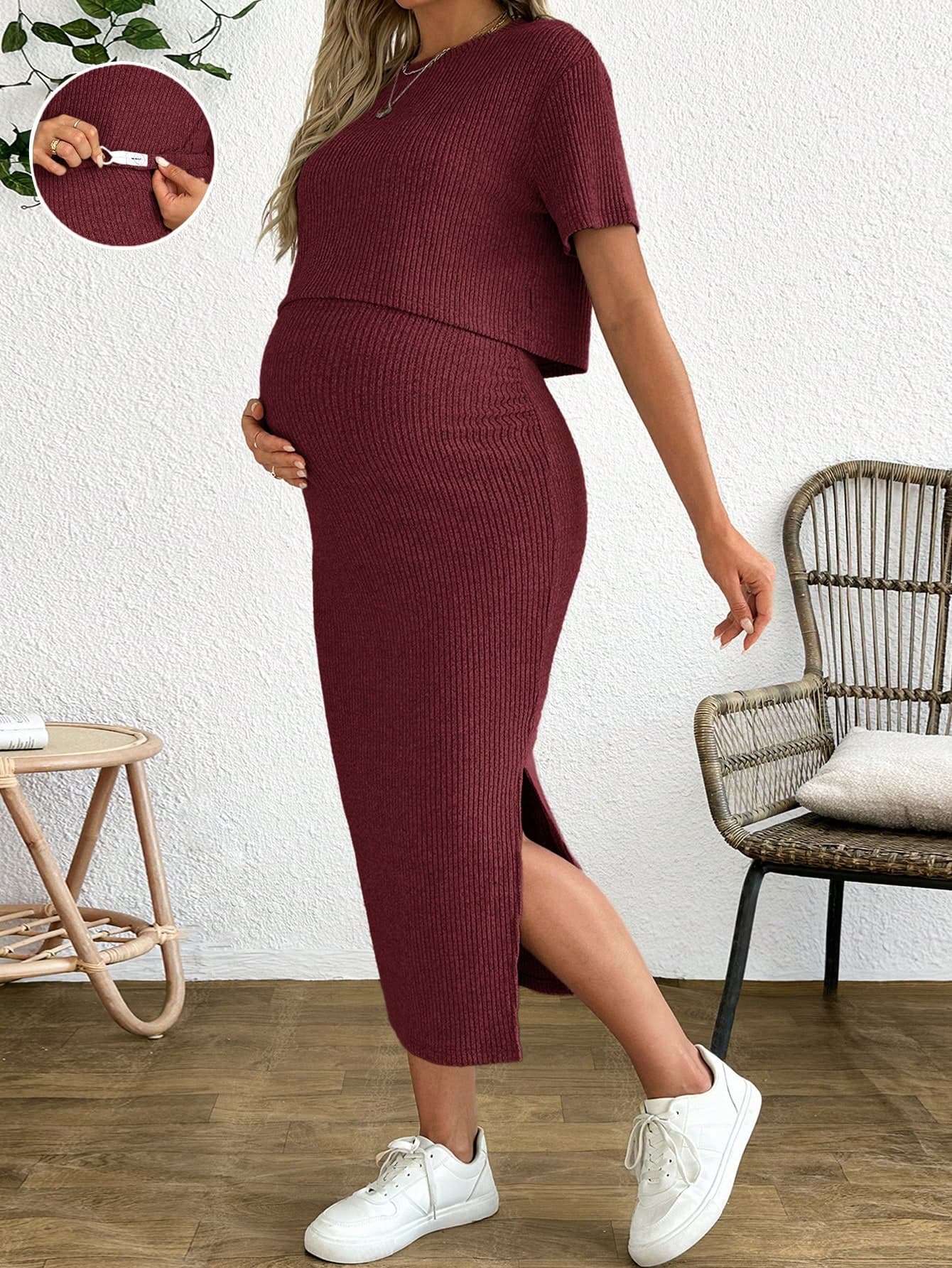SHEIN 2pcs/Set Maternity Solid Ribbed Drop Shoulder Top And Split Hem Skirt, Summer Burgundy