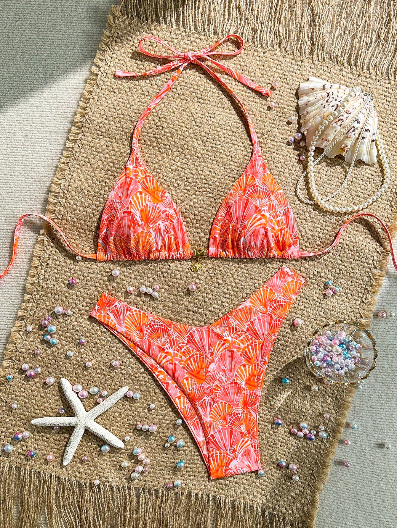 Swim Vcay Swim Mod Summer 2pcs Halter Random Floral Print & High Cut Bottoms Bikini Set, Beach Vacation