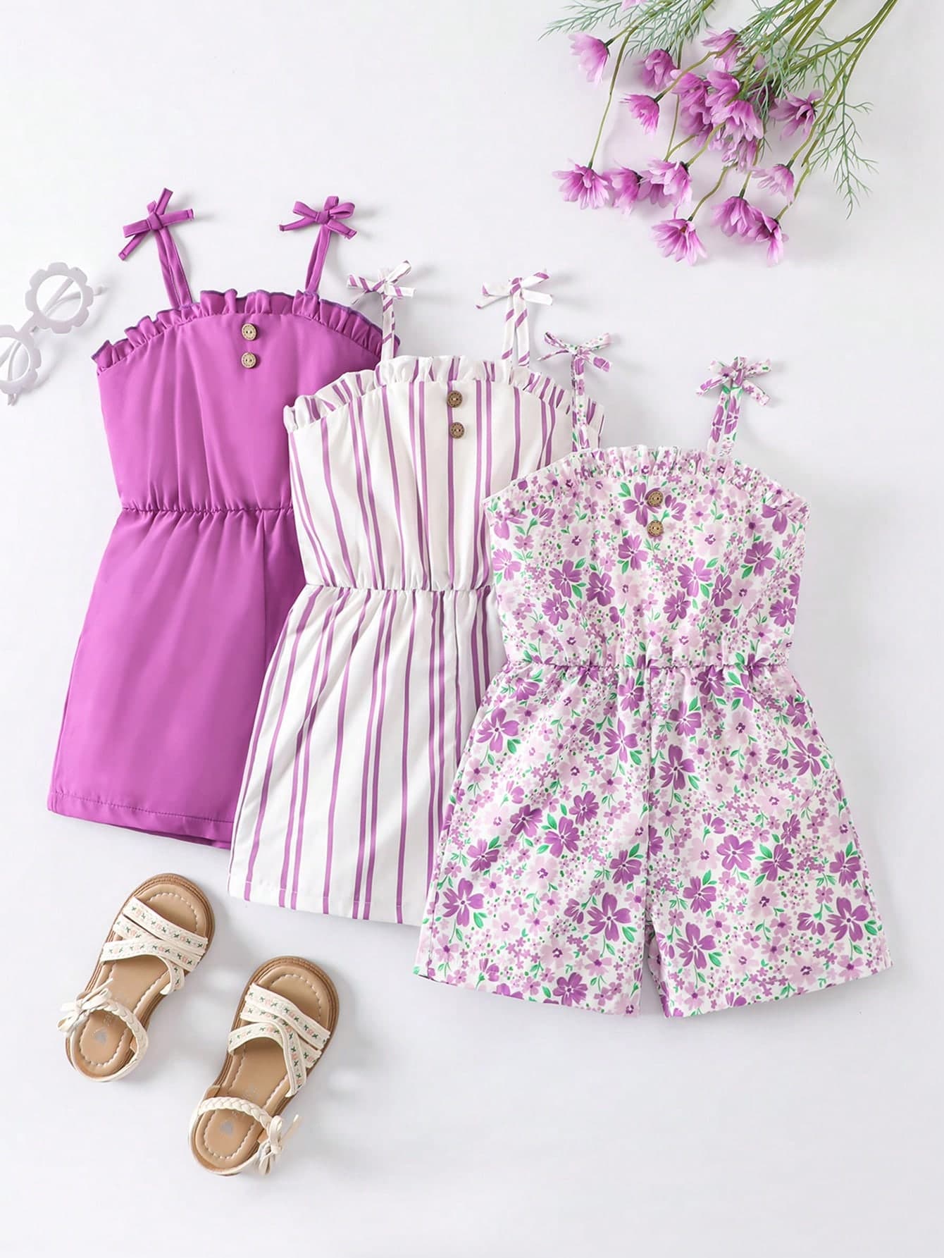 SHEIN 3pcs Young Girl Frill Trim Knotted Shoulder Strap Romper, School, Campus, College