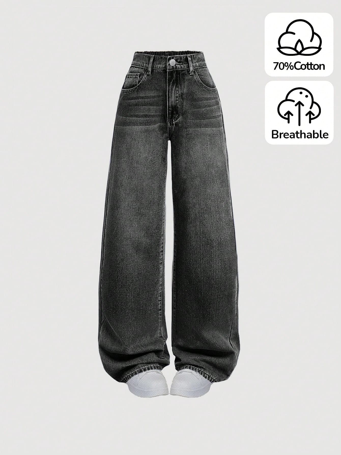 SHEIN Teen Girls Casual Streetwear Loose Fitting Boyfriend Style Solid Color Wide Leg Jeans
