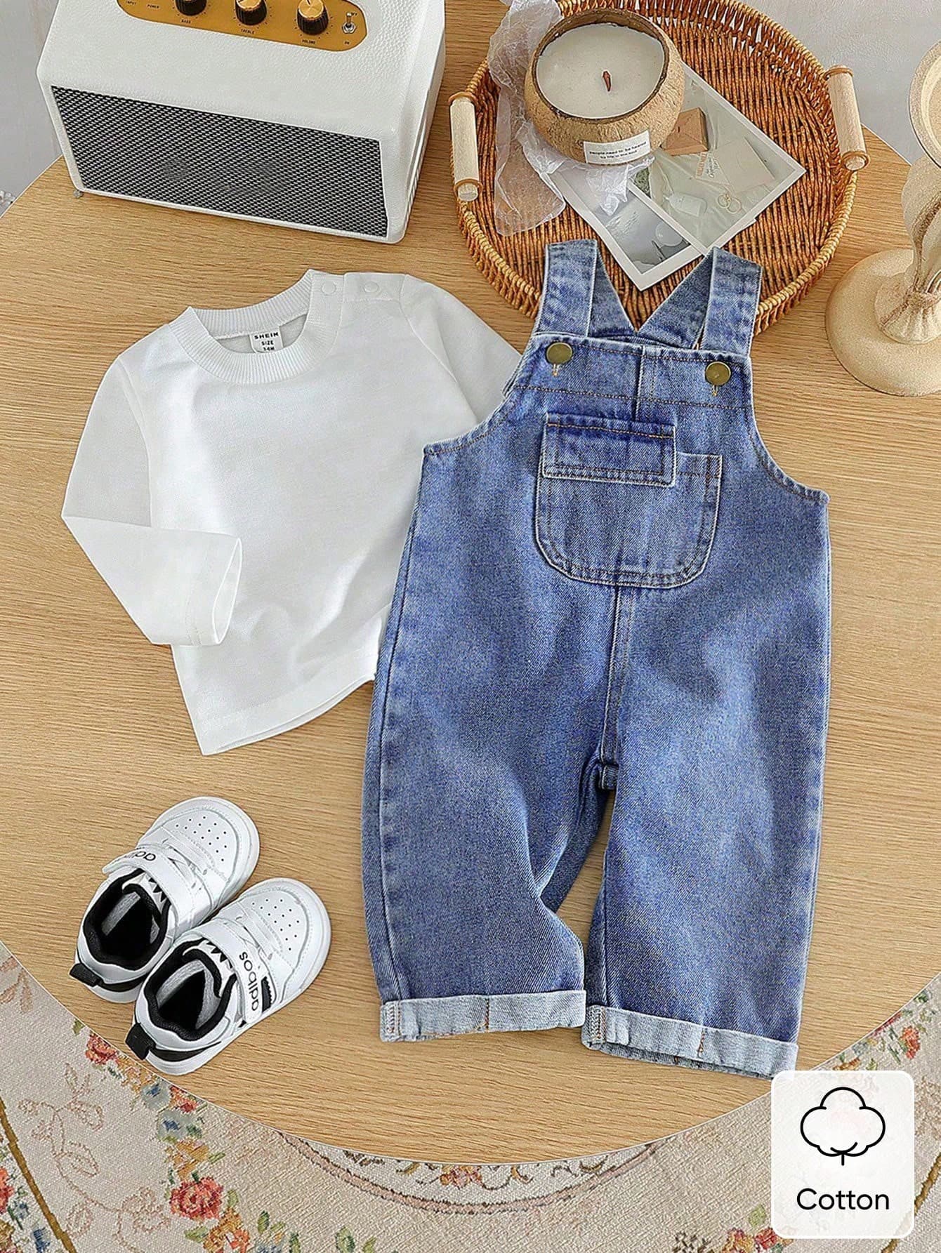 SHEIN Vintaside Kids Baby Boy Solid Tee & Roll Up Hem Denim Overall Jumpsuit For Spring & Summer