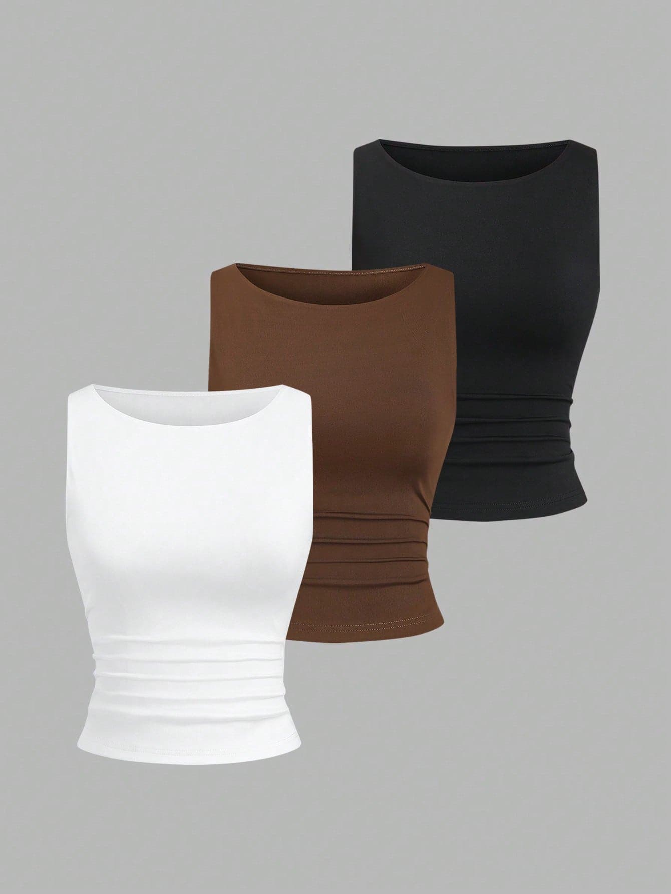 Sweetra Women Solid Color Pleated V-Neck Black, White, Brown Camisole Set