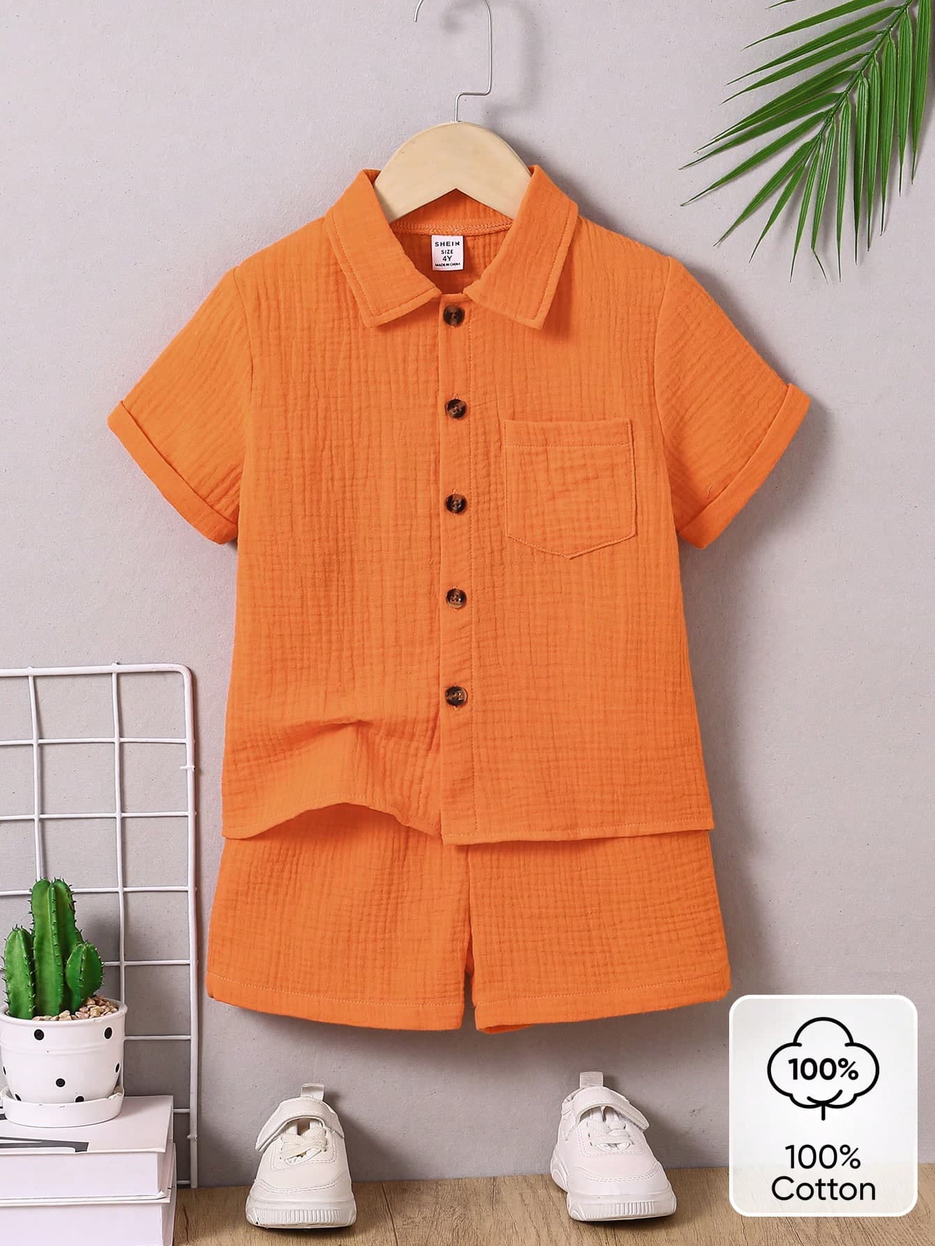 SHEIN Coolqubz 2pcs Young Boy Casual Minimalist 100% Cotton Short Sleeve Shirt And Shorts Set,Matching Summer Family Vacation Outfits For School,Holiday & Travel