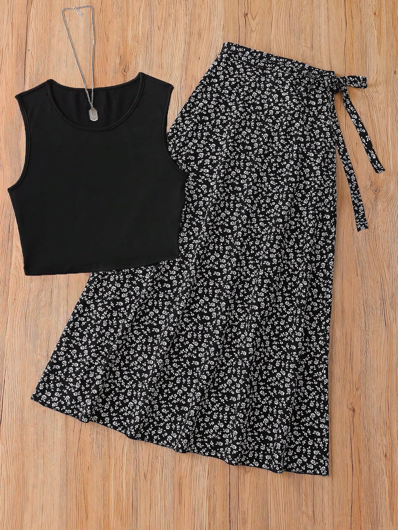 SHEIN Unity French Elegant Vintage Print Spring/Summer New 2 Pieces Set, Waist-Defined Solid Color Crop Top And A-Line Midi Skirt, Sexy Vibe