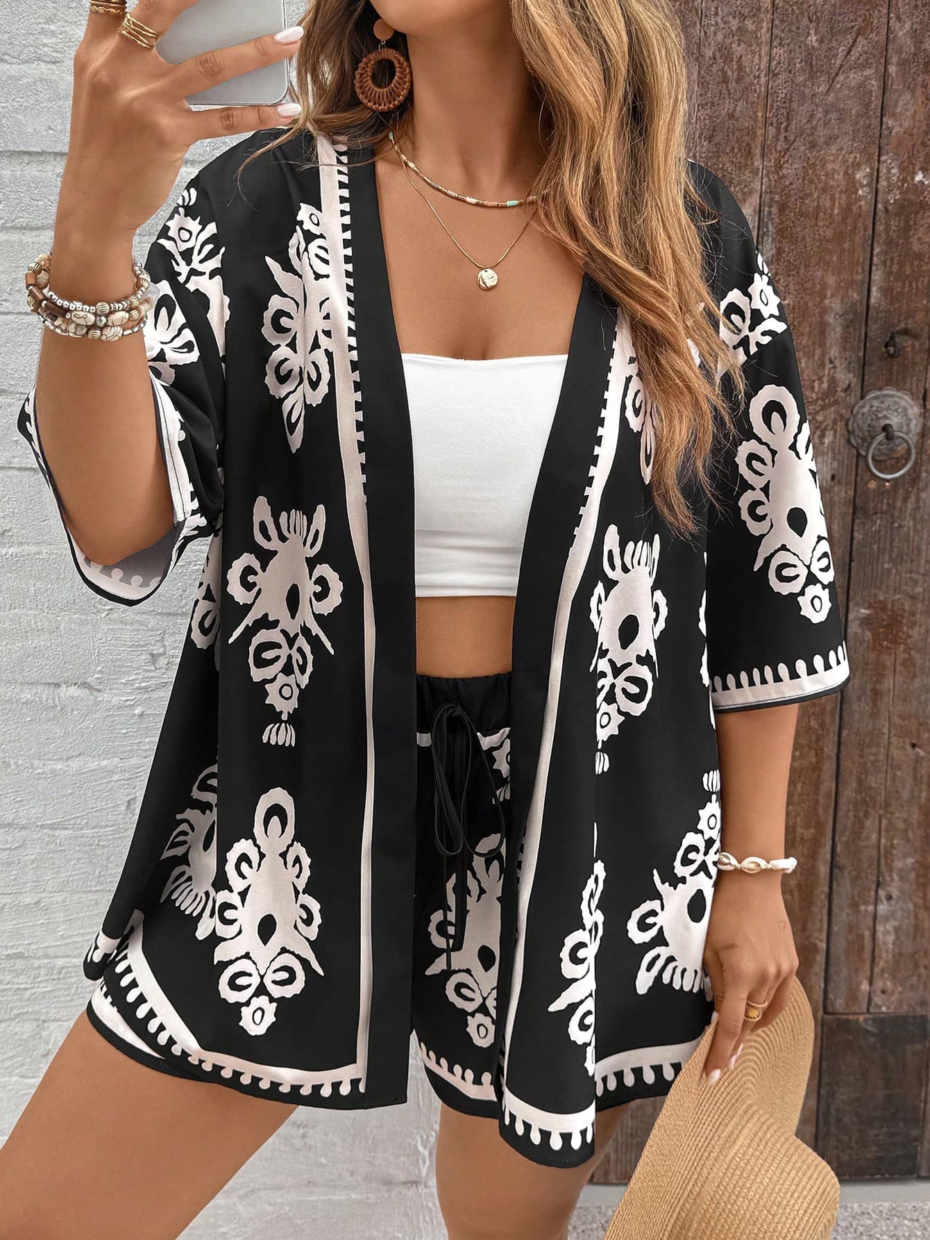 SHEIN VCAY Plus Size Casual Allover Print Short Sleeve Cardigan And Loose Shorts 2 Pieces SetSummer Outfits For Women
