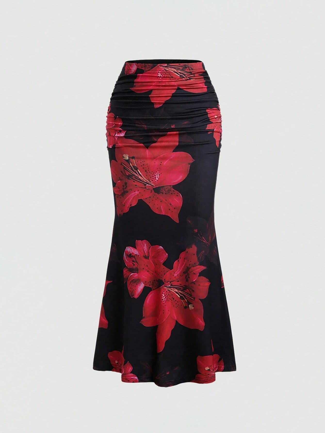 Sweetra Women's All-Over Floral Print Ruched A-Line Skirt, Casual Vacation Fall