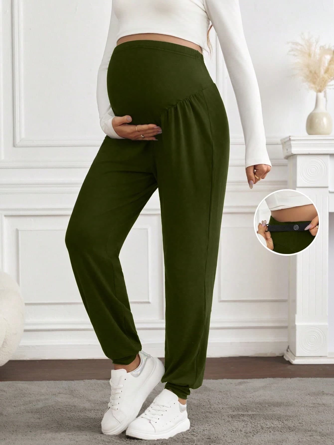 SHEIN Maternity Solid Color Adjustable Waist Casual Drawstring Pants