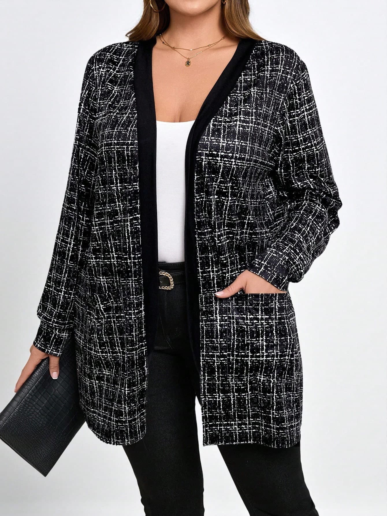 Chikora Plus Size Elegant Faux Tweed Pocket Jacket Winter Fall Autumn