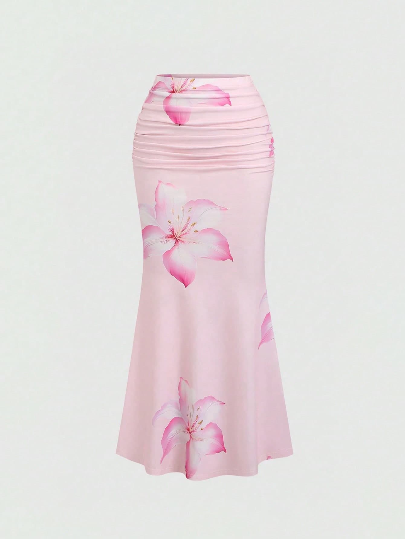 Sweetra Women's All-Over Floral Print Ruched A-Line Skirt, Casual Vacation Maxi Skirt Fall Cloth For Women