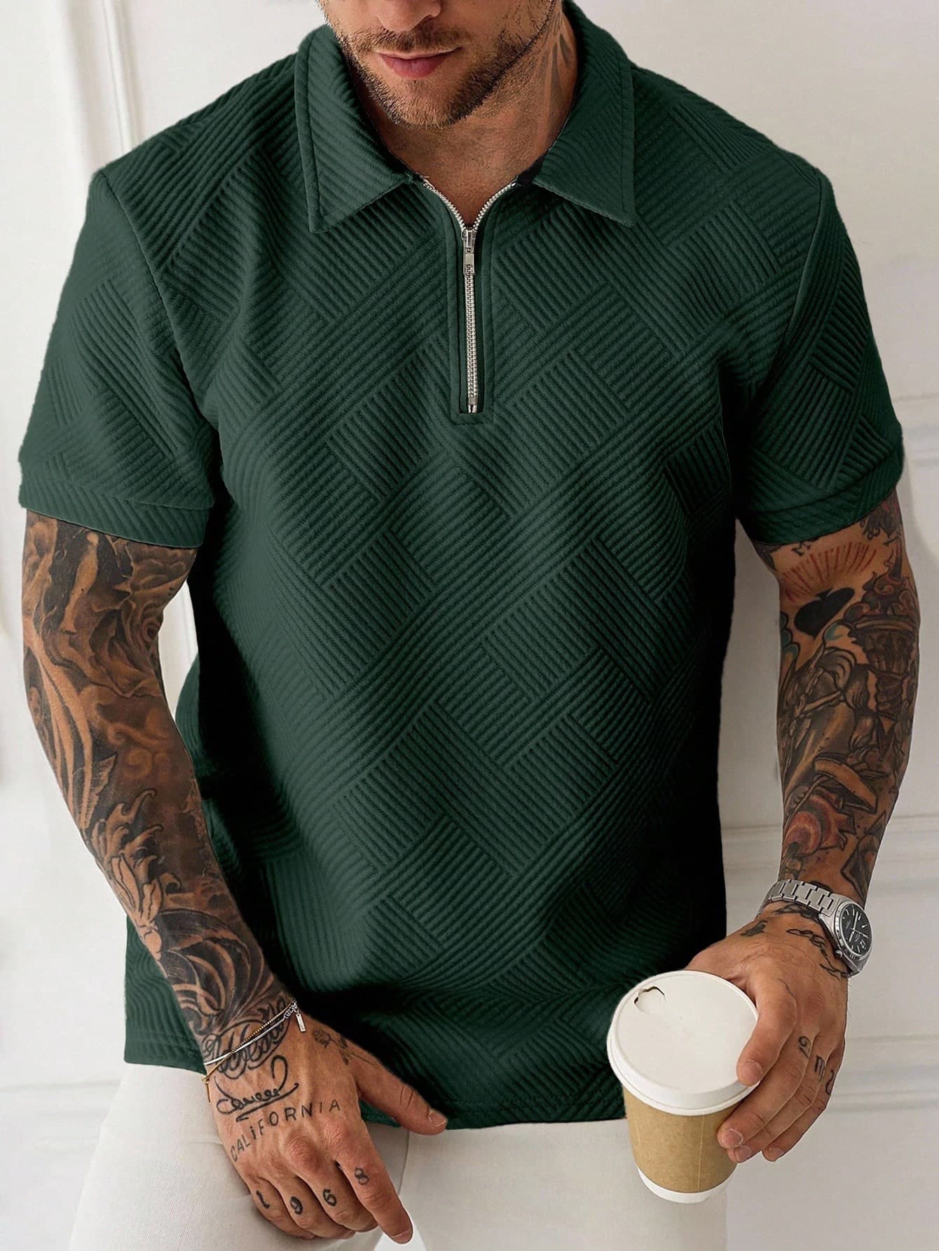 HUEFORM Men's Solid Color Zip-Up Short Sleeve Polo Shirt Polo Shirt, Formal