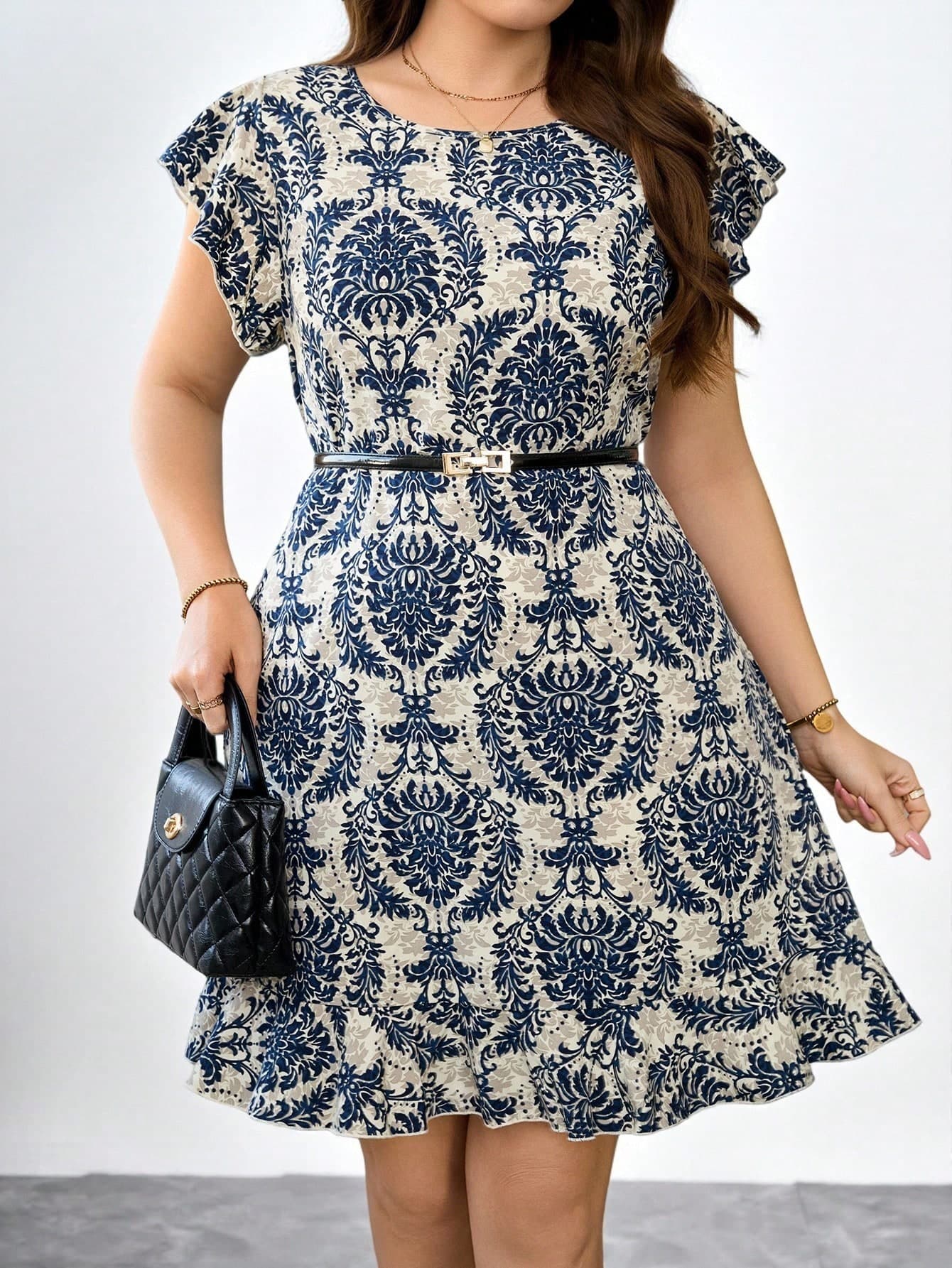 SHEIN Clasi Plus Size Elegant Navy Blue Summer Retro Print Cap Sleeve Dress,Tea Party Modest Graduation Outfits For Women,Business Casual Office Wear,Old Money
