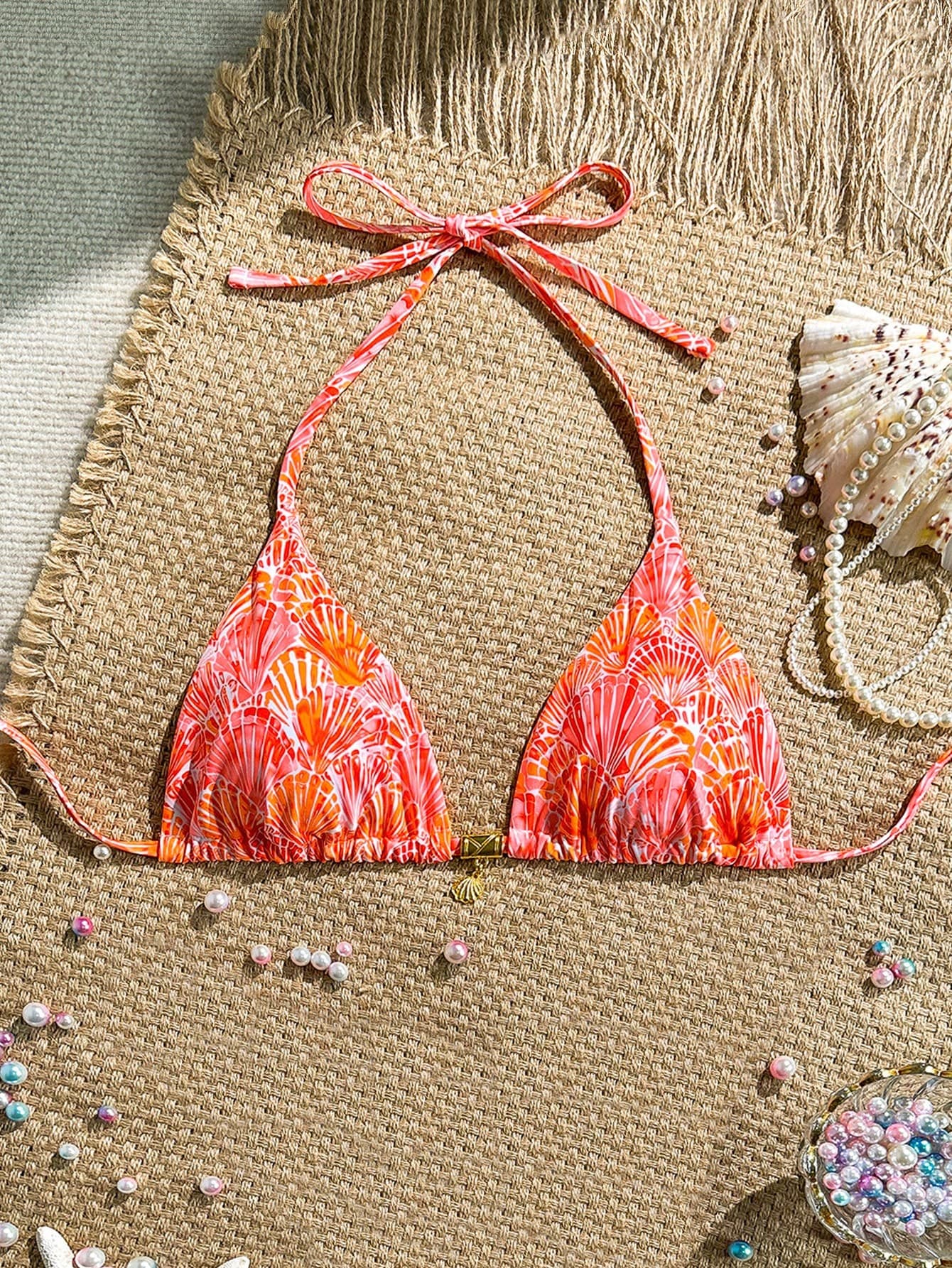 Swim Mod Summer Holiday Random Shell Print Golden Accessory Halter Bikini Top Festival Boho