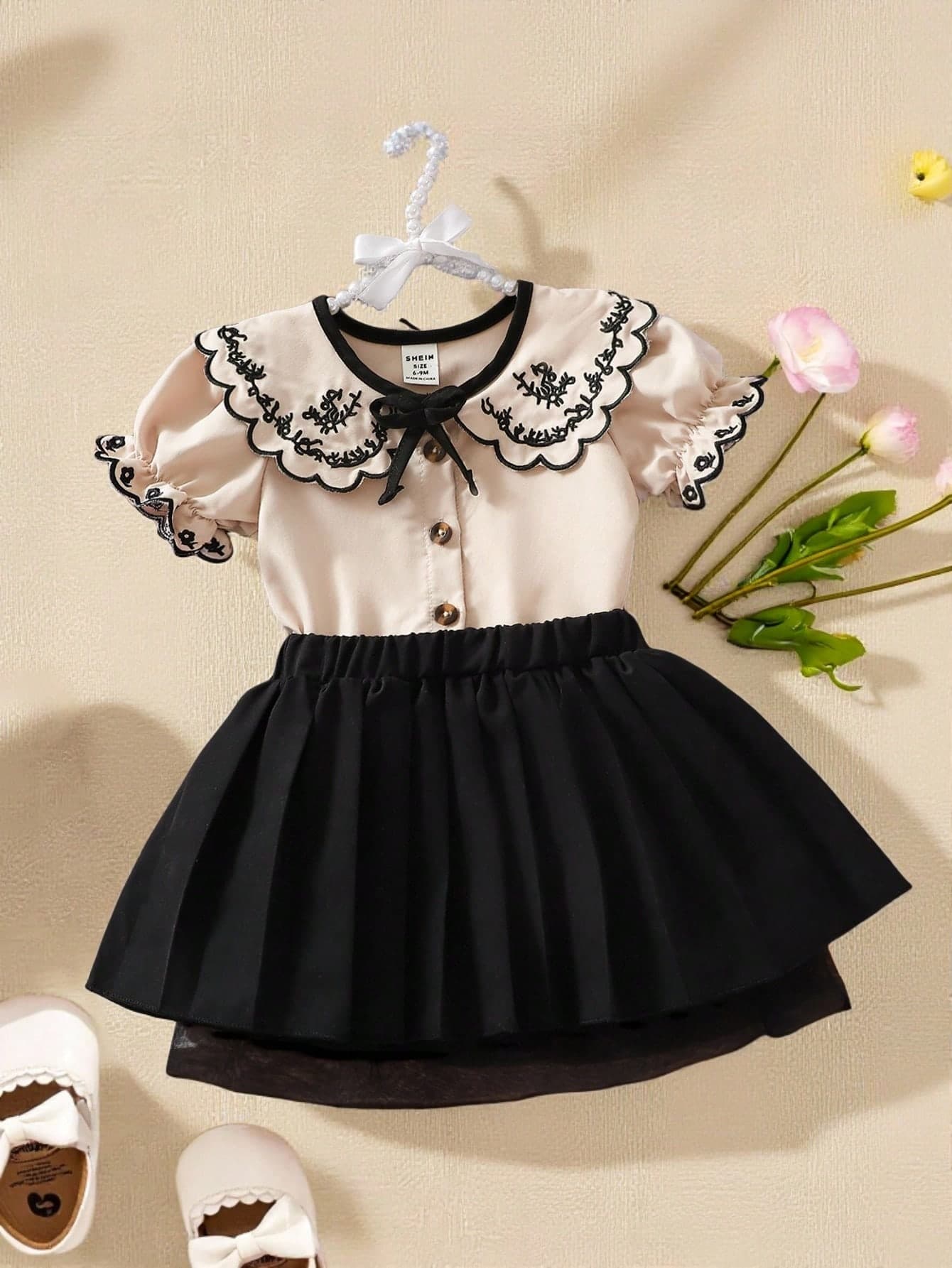 Souflis Souflis Summer New Baby Girls Vintage Embroidered Peter Pan Collar Short Sleeve Blouse + Black Skirt 2-Piece Set