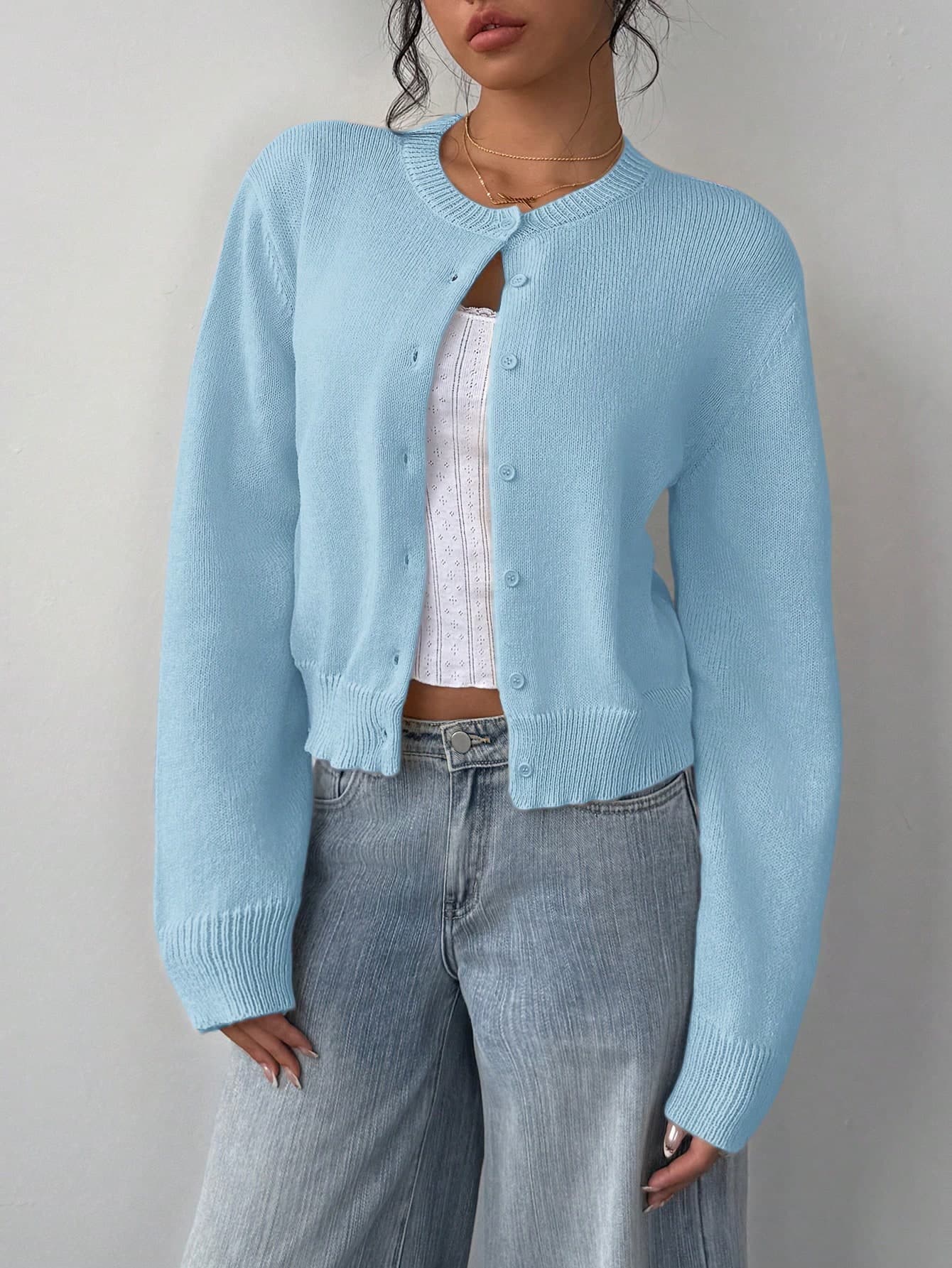 SHEIN BASICS Women's Casual Solid Color Round Neck Long Sleeve Oversized Cropped Cardigan Sweater Fall Clothes For Women,Knitted Sweater