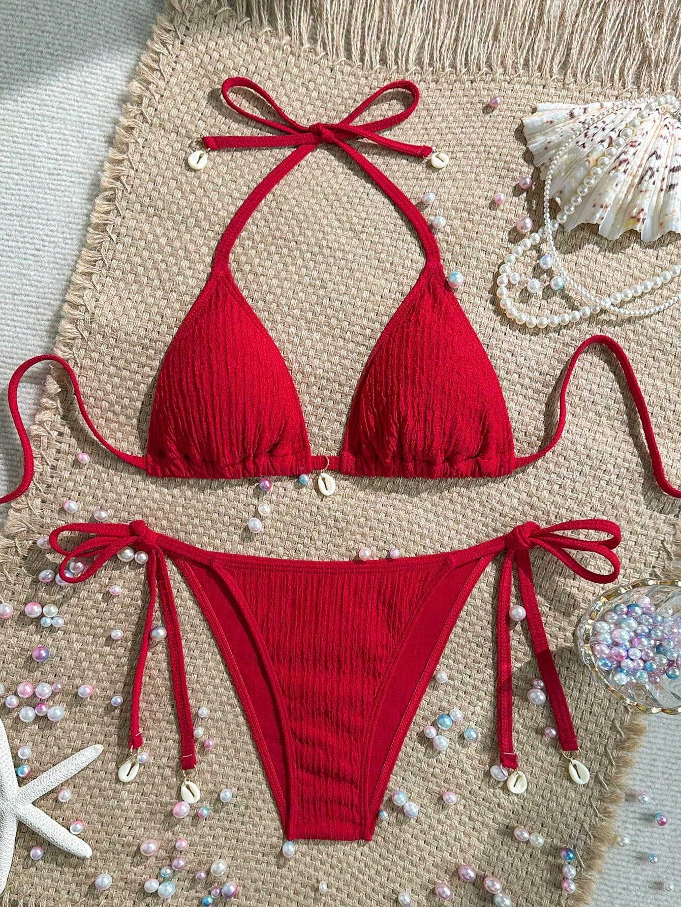 Swim Mod Women's Solid Color Halter Tie Front Sexy Bikini Swimwear Set For Summer Beach Vacation