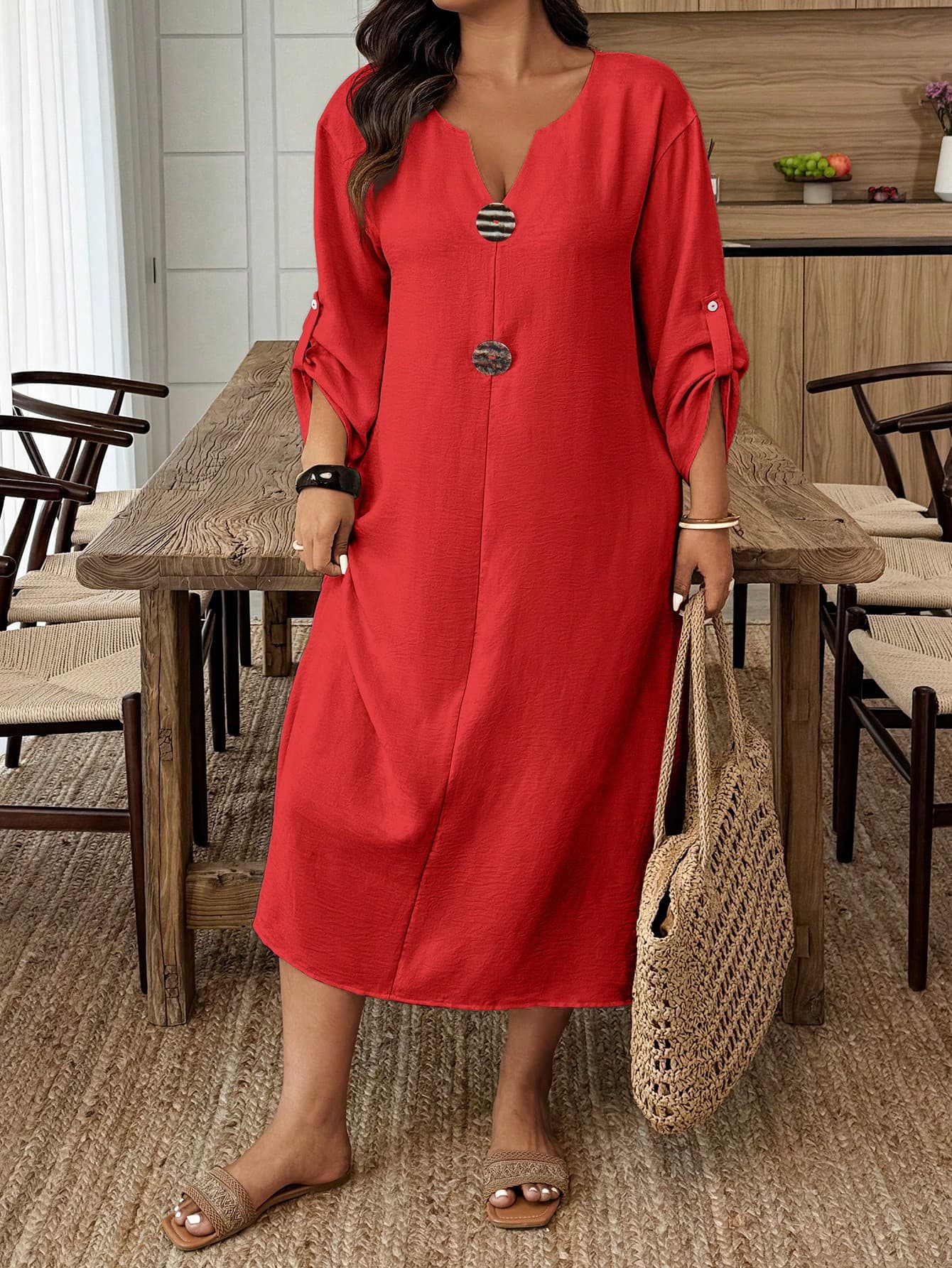 EMERY ROSE Plus Size Women's Red Summer Smart Casual Vacation Dress,Solid Color Notched Neck Roll-Up Sleeve Work Sun Dresses,Summer Clothing Clothes Fall