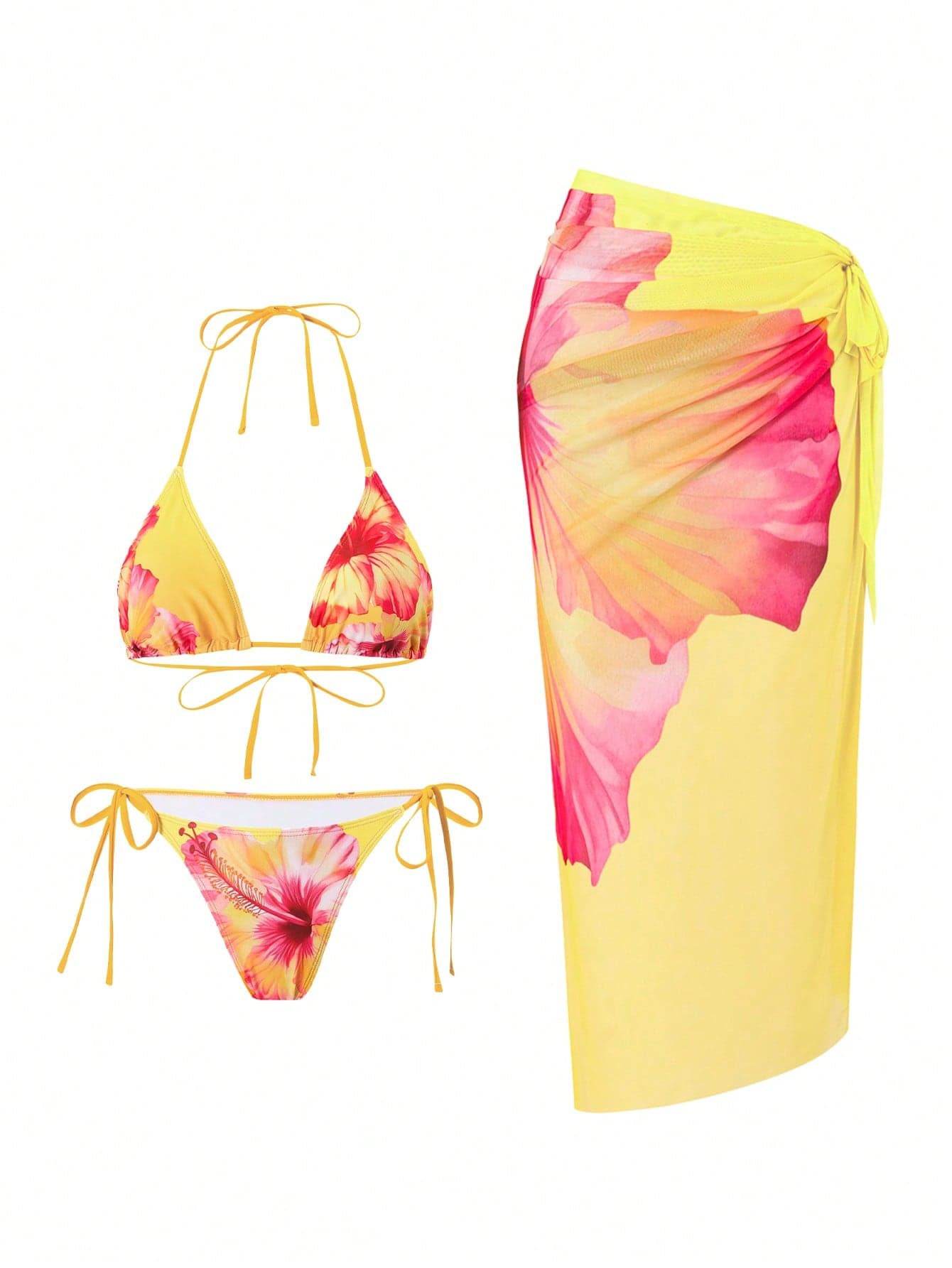 Swim Oasis 3pcs Women Summer Beach Vacation Casual Style 3D Floral Print Bikini Set With Mesh Twist Beachside Dress, Bohemian Style Swimwear