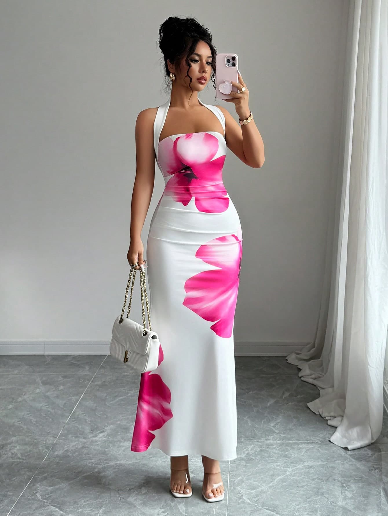 Everyssa Women's 2025 Summer Halter Tie Waist Fitted Midi Floral Print Dress