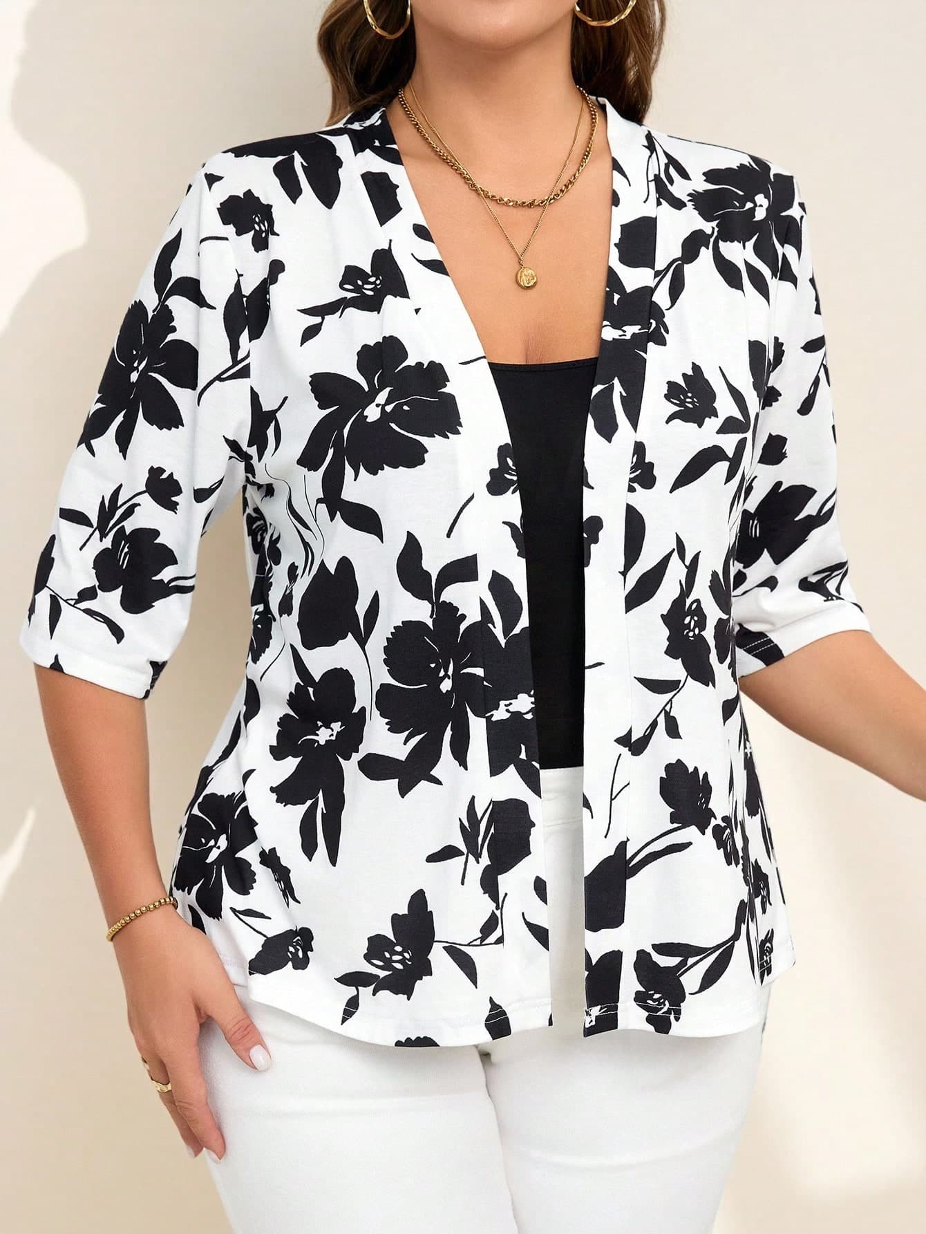 Chikora Plus Size Elegant Black & White Print Front-Open Jacket, Suitable For Teachers In Autumn,Business Casual Woman Winter Fall