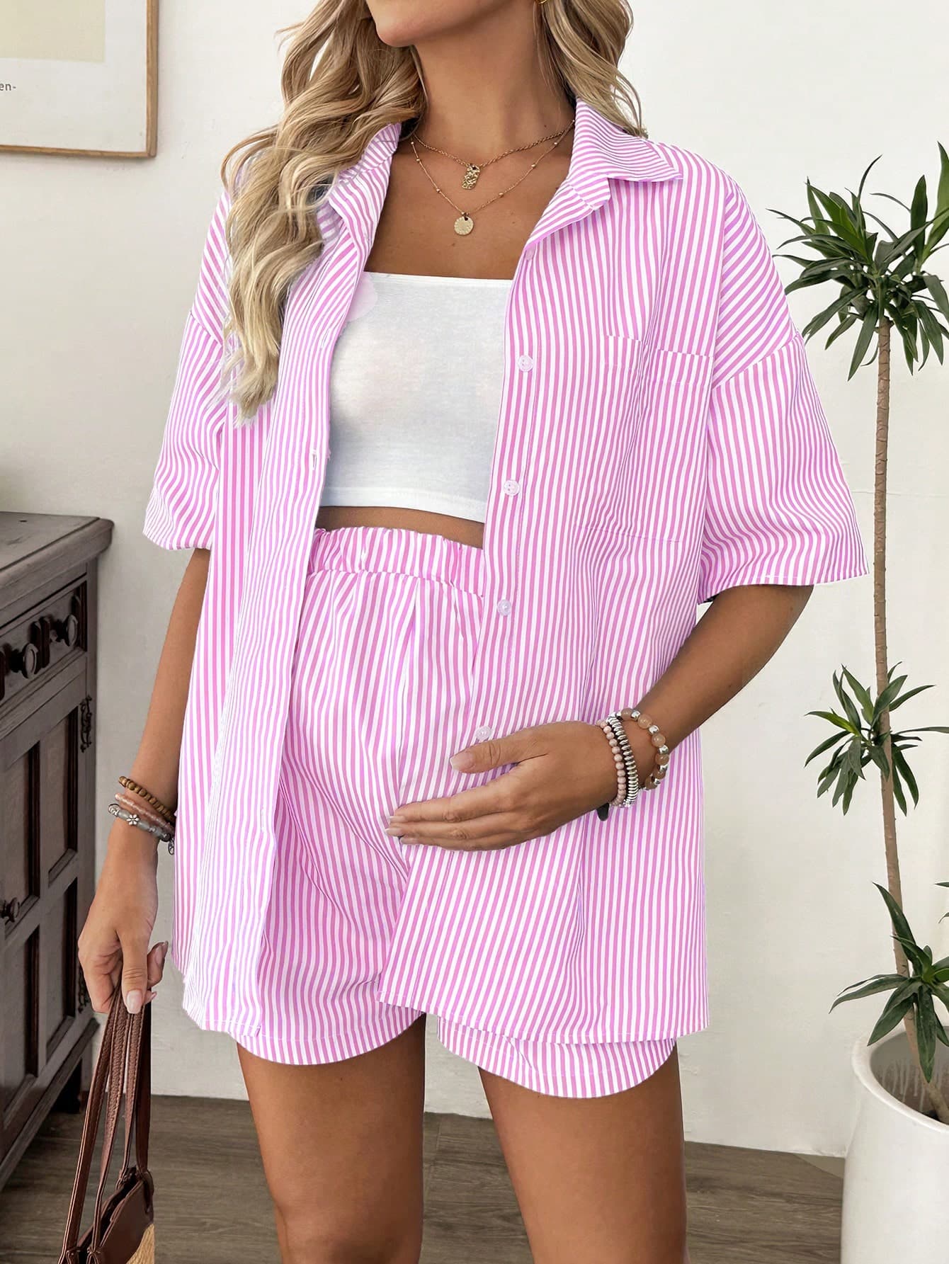 SHEIN Fashionable 2pcs Set Women Summer Turn-Down Collar Striped Shirt And Shorts For Pregnant, Casual