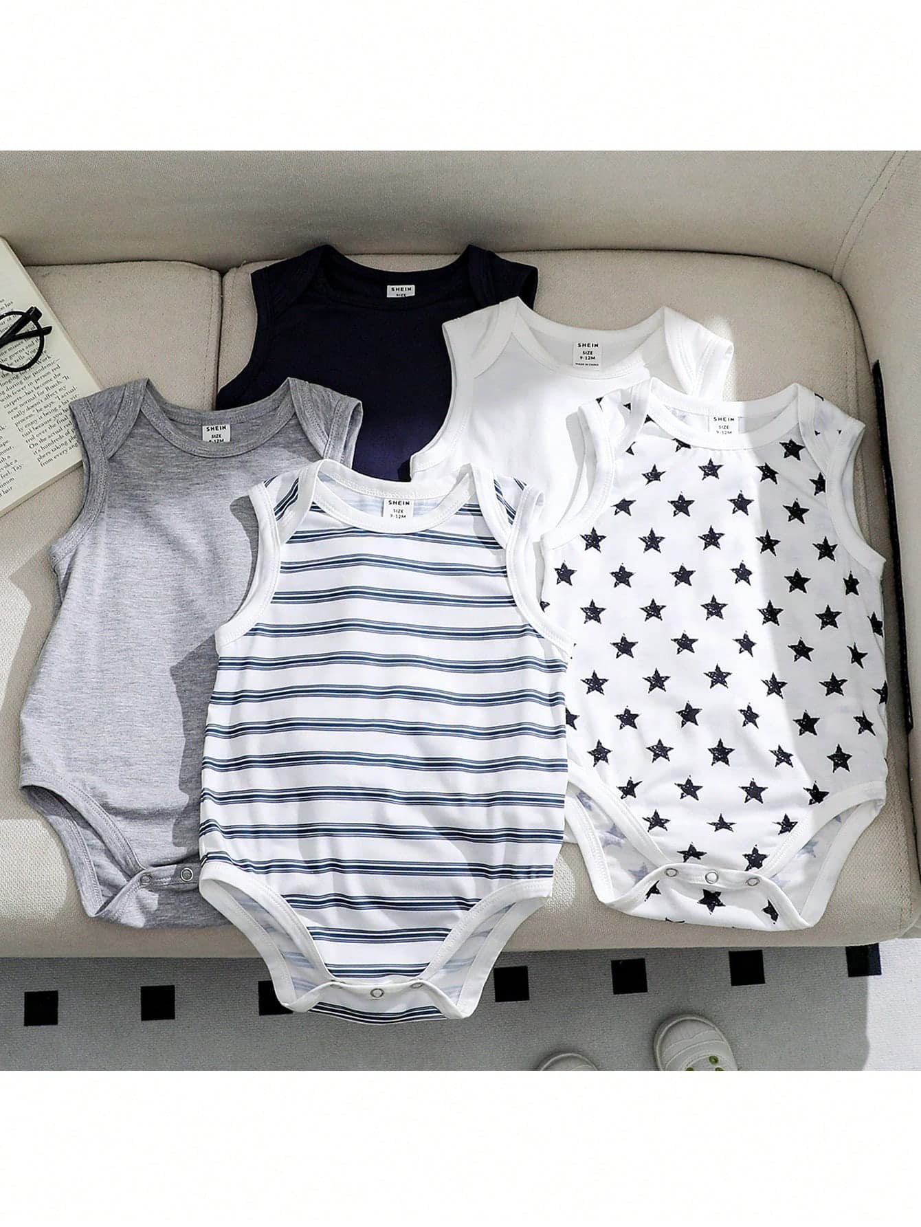 Loomiva 5-Piece Newborn Baby Boy Casual Versatile Knitted Soft Dotted & Striped Tank Top Set,Kids