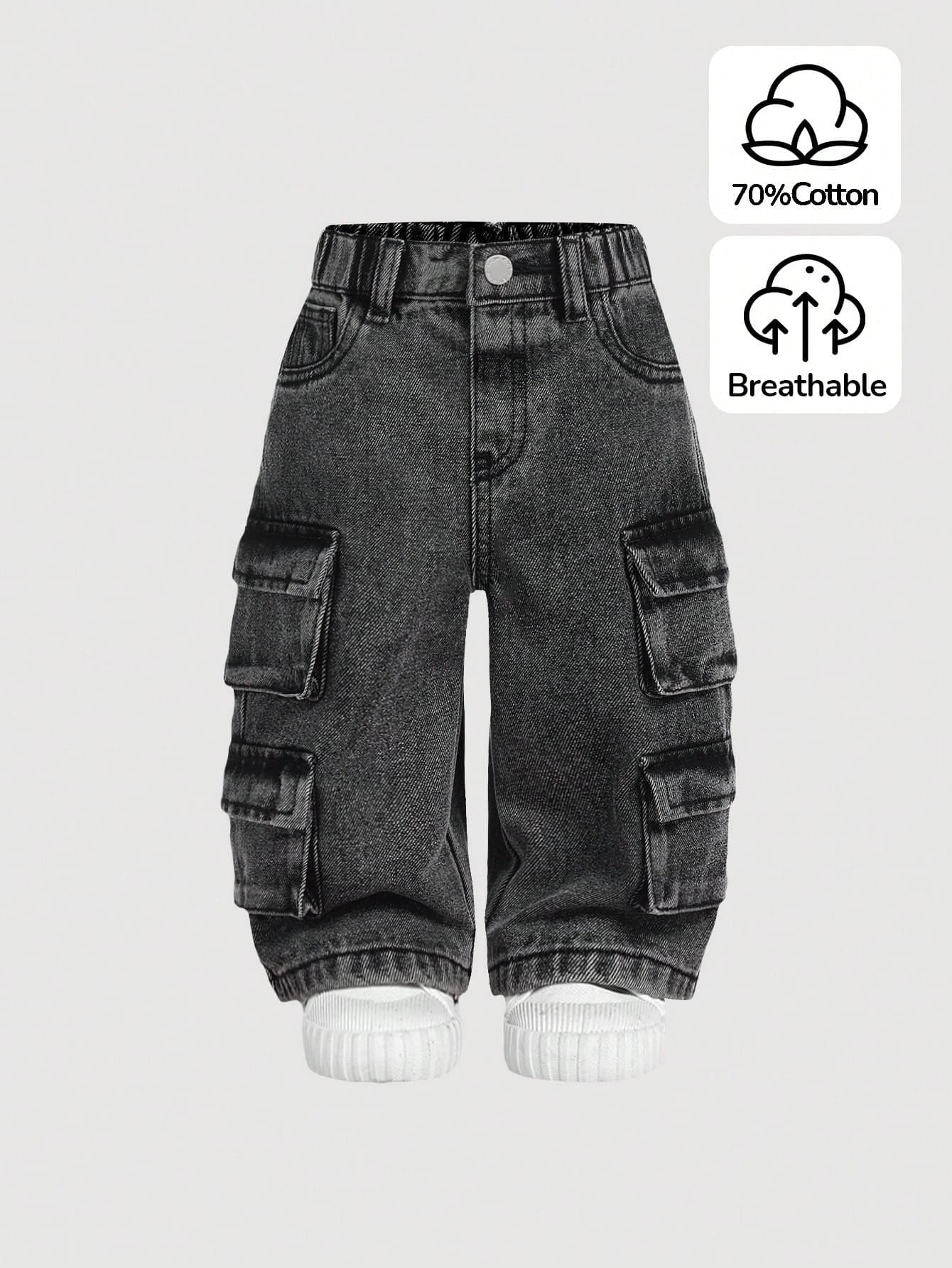 SHEIN Baby Girl Grey Denim Utility Wide Leg Pants,Cool Outfit/Girls Thanksgiving Outfit,Baby Girl Fall And Winter Clothes