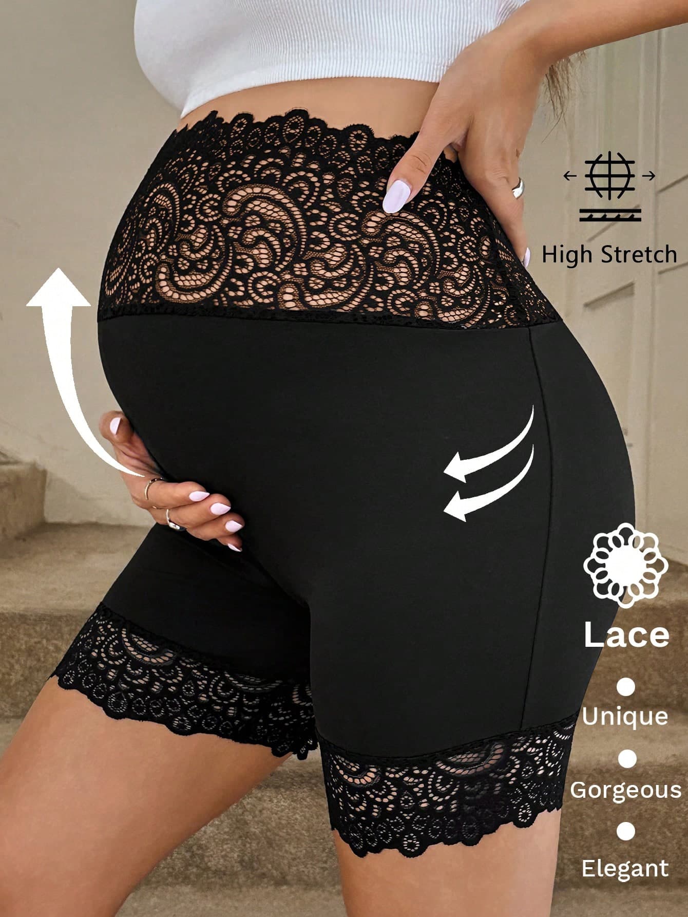 SHEIN Pregnant Women Solid Color Fashion Leggings, Suitable For Summer,Lace Leggings