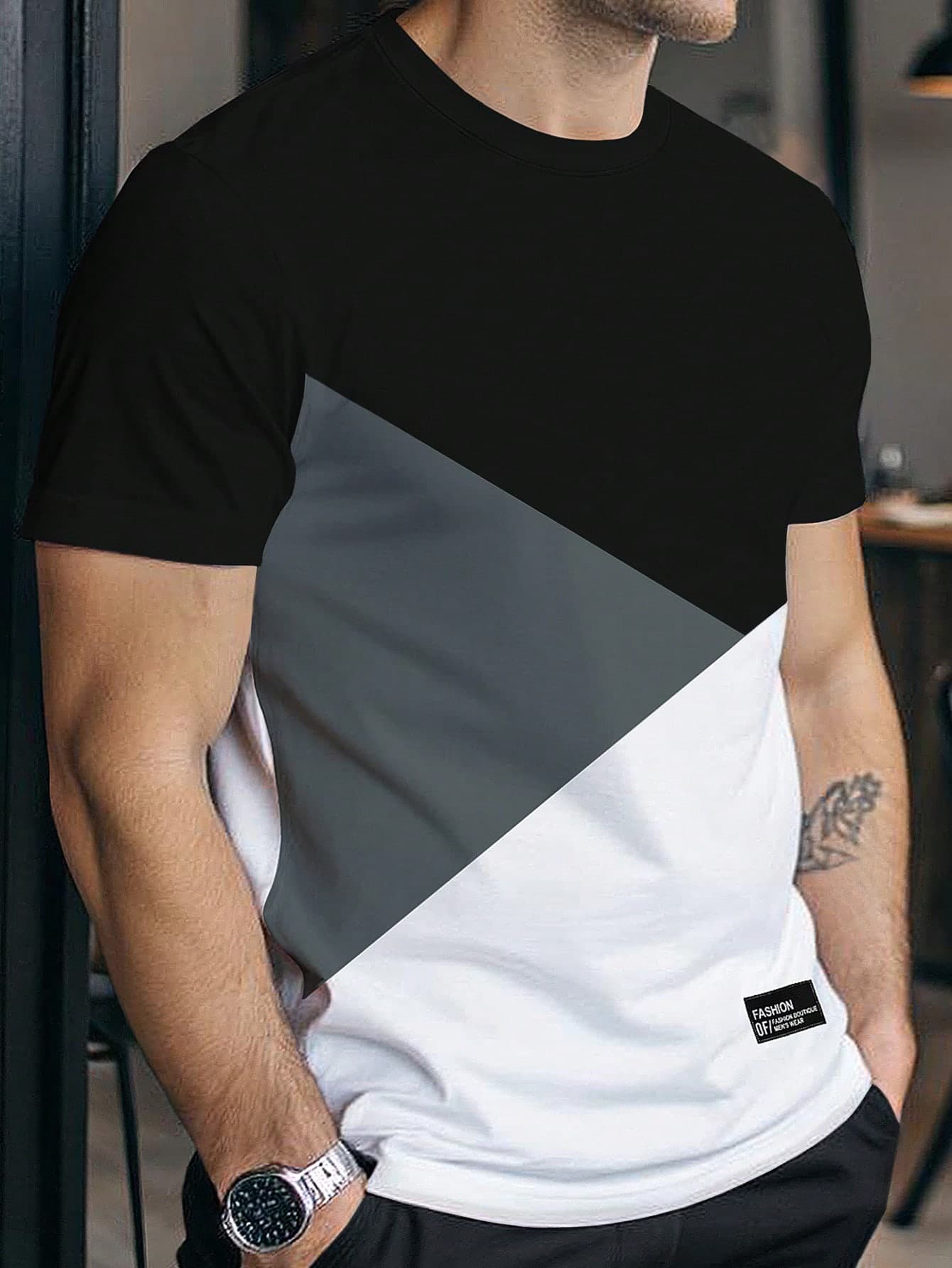 Manfinity Homme Men's Contrast Color Round Neck Casual Short Sleeve T-Shirt, Versatile For Summer Men Fashion T Shirt